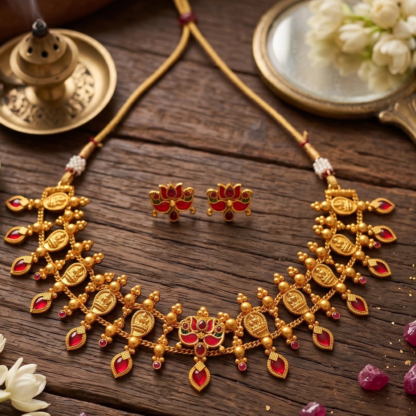 Traditional South Indian matte antique gold temple choker necklace with symmetrical red kemp stones, matching lotus earrings, and an adjustable thread dori