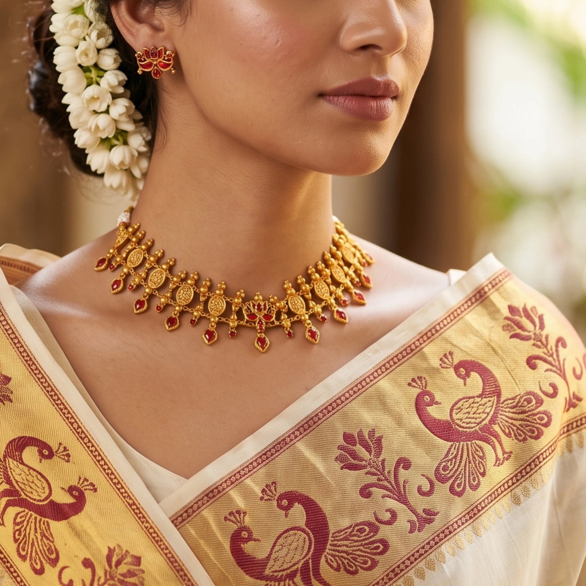 Model wearing a Traditional South Indian matte antique gold temple choker necklace with symmetrical red kemp stones, matching lotus earrings, and an adjustable thread dori