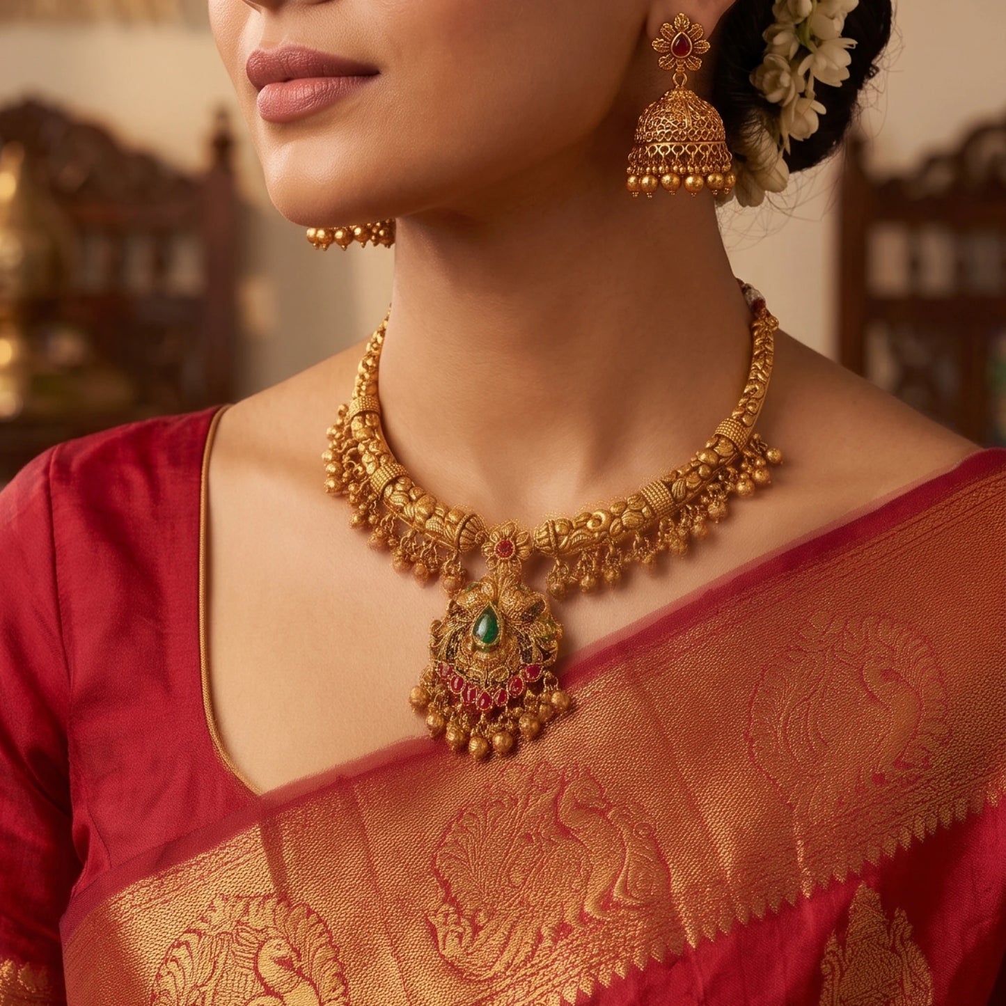The set includes an antique matte gold finish choker necklace and matching jhumkas featuring detailed peacock carvings, ruby red and emerald green gemstones, and hanging gold toned clusters