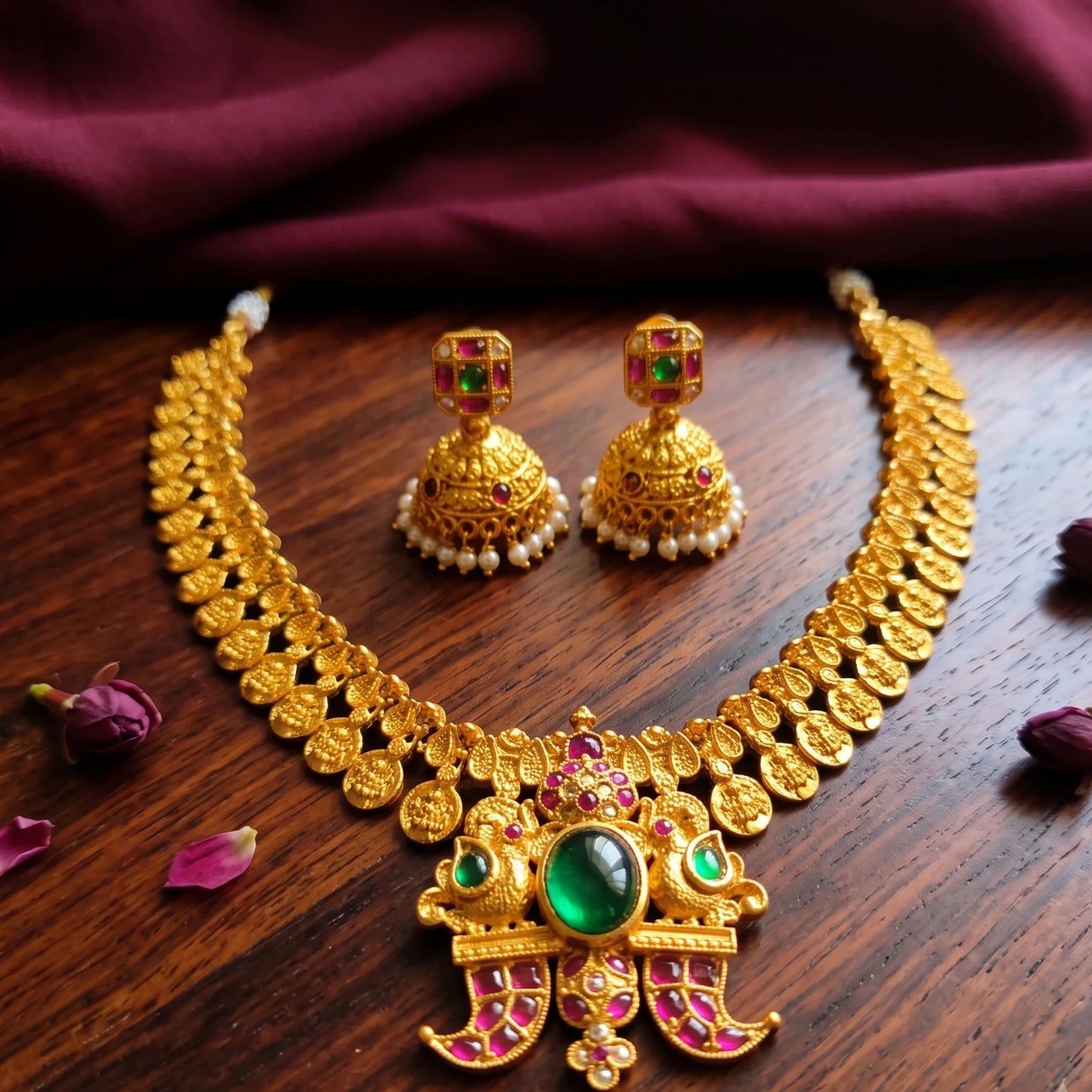 Close-up of traditional South Indian matte gold toned temple jewelry set. The necklace features Laxmi coin chain and a detailed twin-peacock pendant with a large oval green emerald and pink rubies and comes with matching jimikkis/jhumkas