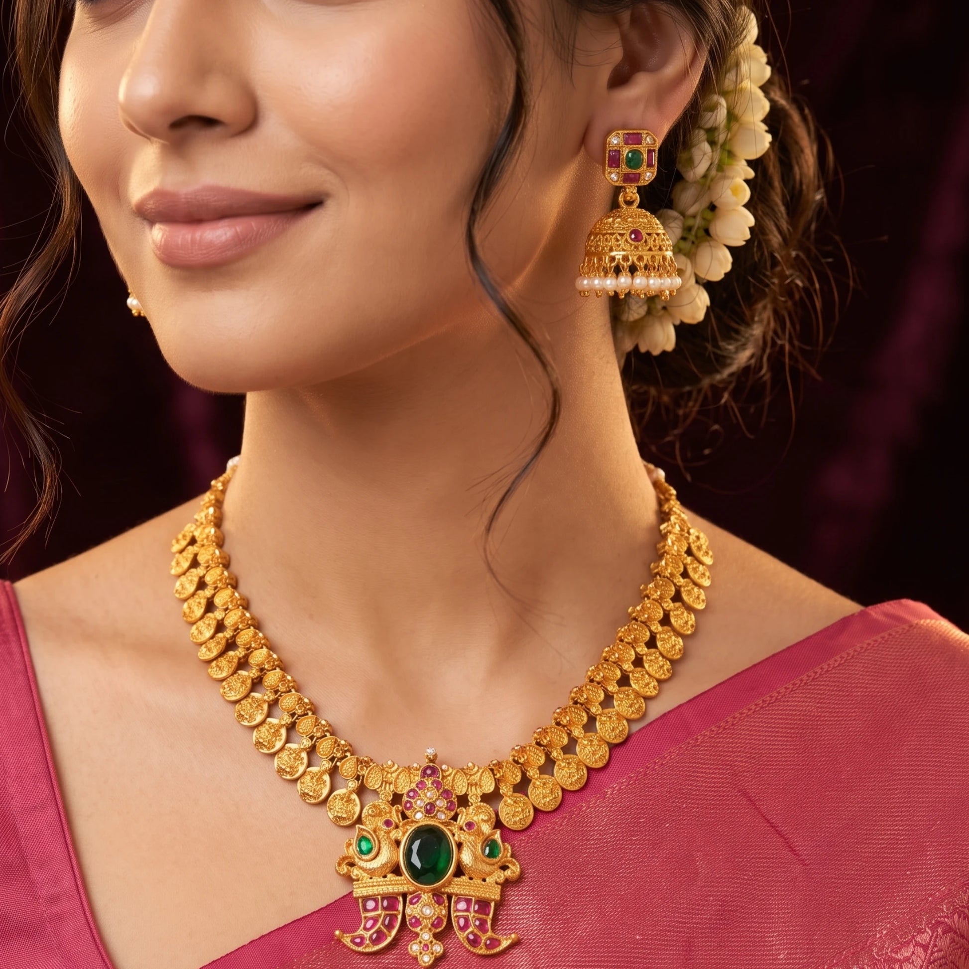 Close-up of a model wearing traditional South Indian matte gold toned temple jewelry set. The necklace features Laxmi coin chain and a detailed twin-peacock pendant with a large oval green emerald and pink rubies and comes with matching jimikkis/jhumkas