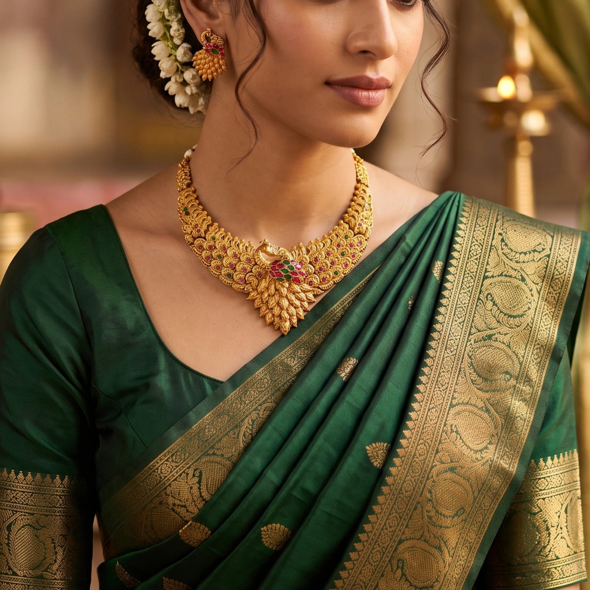 Traditional Indian matte antique gold peacock choker necklace and matching statement stud earrings beautifully worn by a model