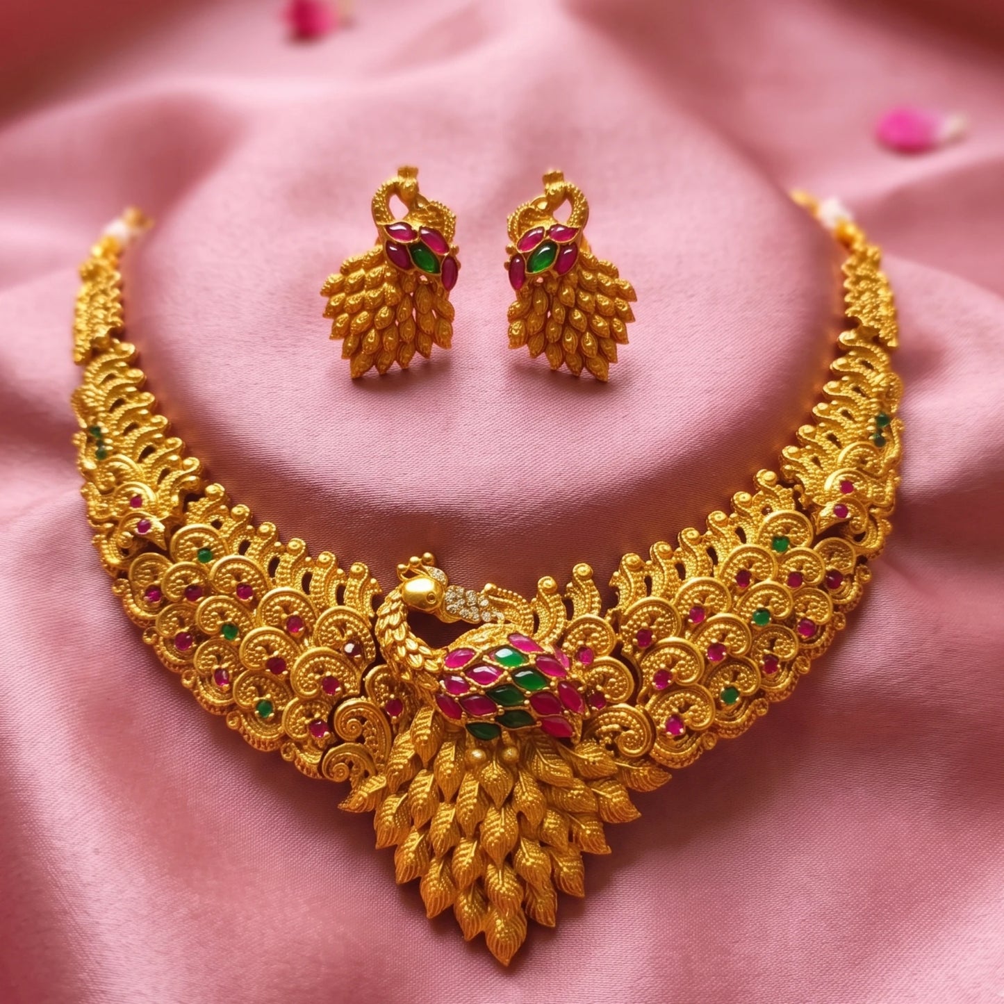 Traditional Indian matte antique gold peacock choker necklace and matching statement stud earrings beautifully arranged on a soft, draped pink satin cloth.