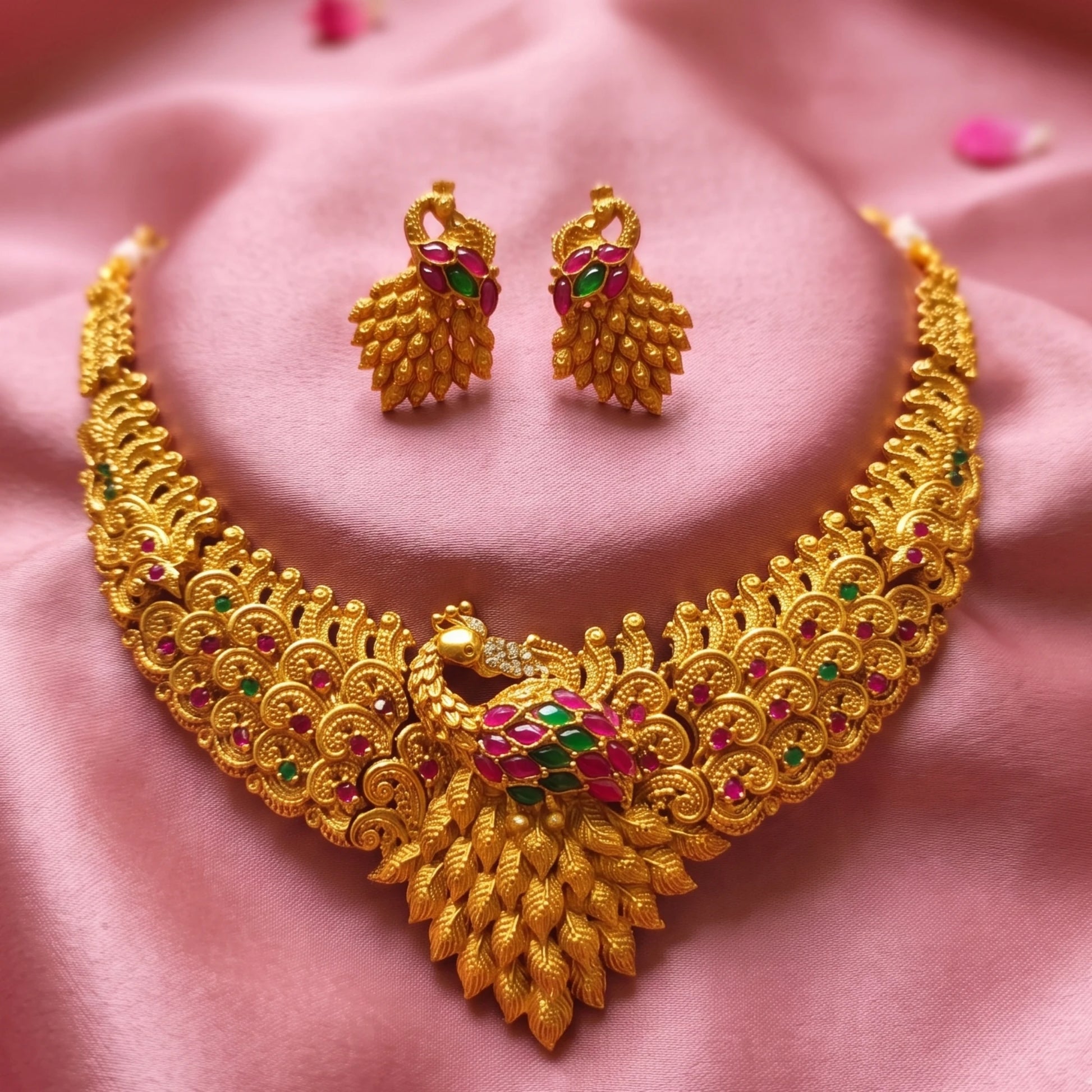 Traditional Indian matte antique gold peacock choker necklace and matching statement stud earrings beautifully arranged on a soft, draped pink satin cloth.