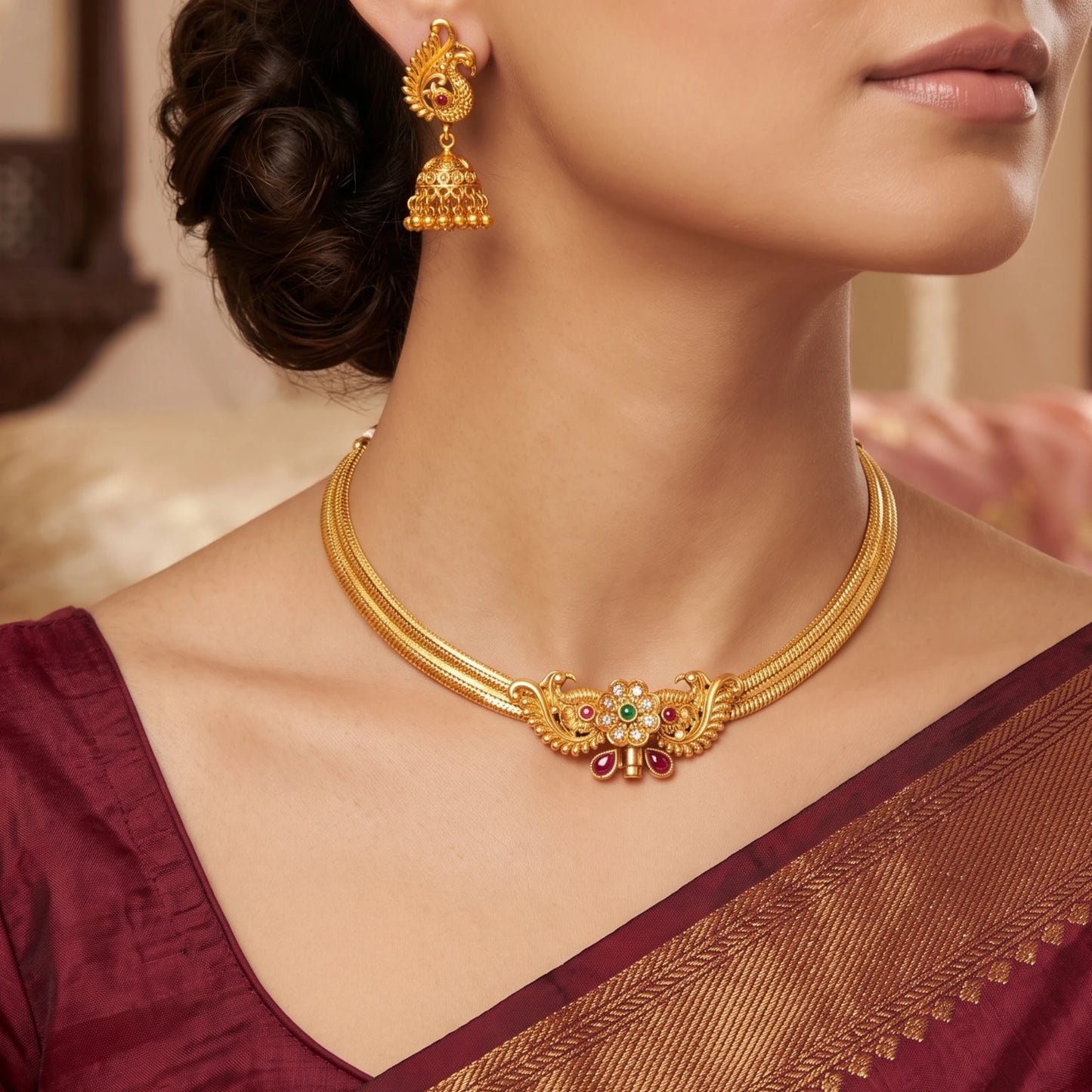 Traditional Indian temple jewelry set featuring a rigid gold peacock collar necklace and dangling Jhumkas in antique gold finish