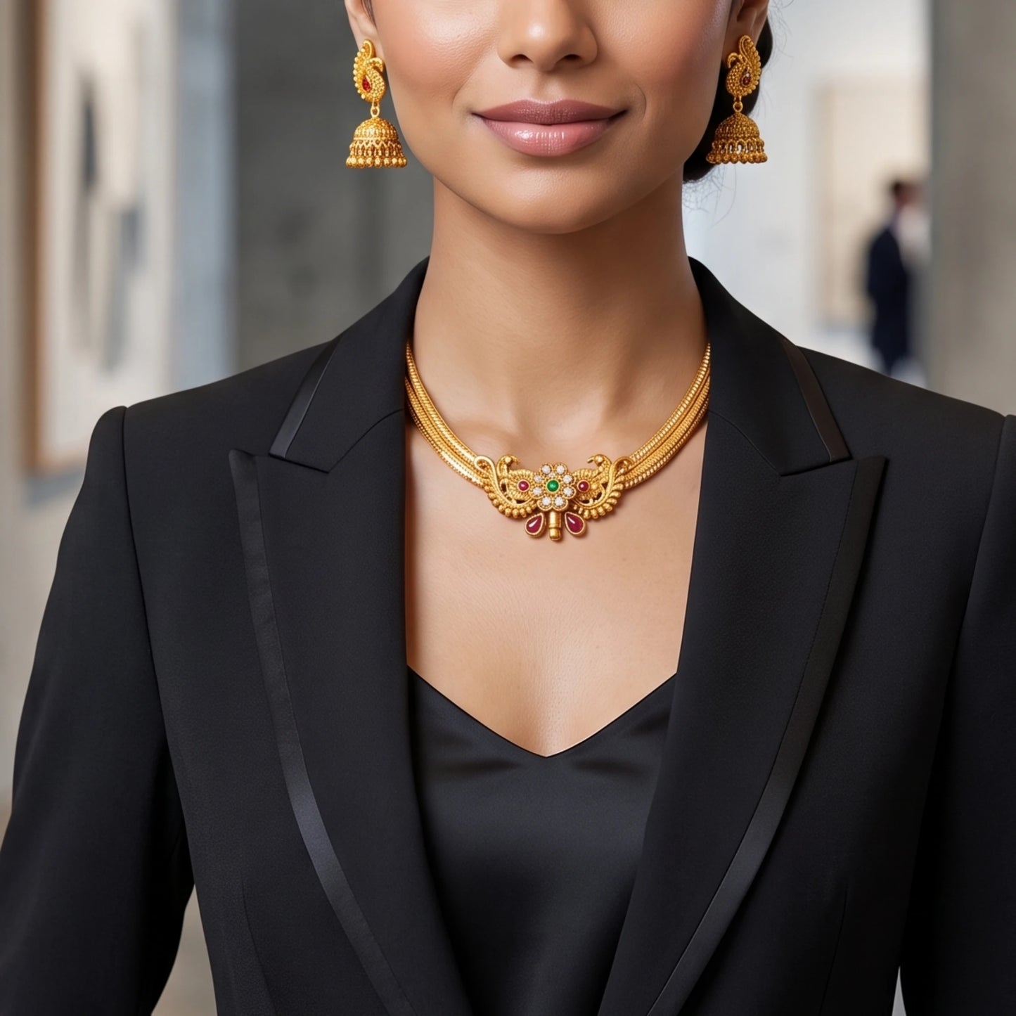 Traditional Indian temple jewelry set featuring a rigid gold peacock collar necklace and dangling Jhumkas in antique gold finish