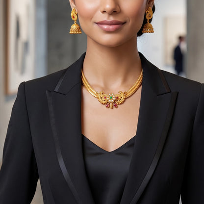 Traditional Indian temple jewelry set featuring a rigid gold peacock collar necklace and dangling Jhumkas in antique gold finish