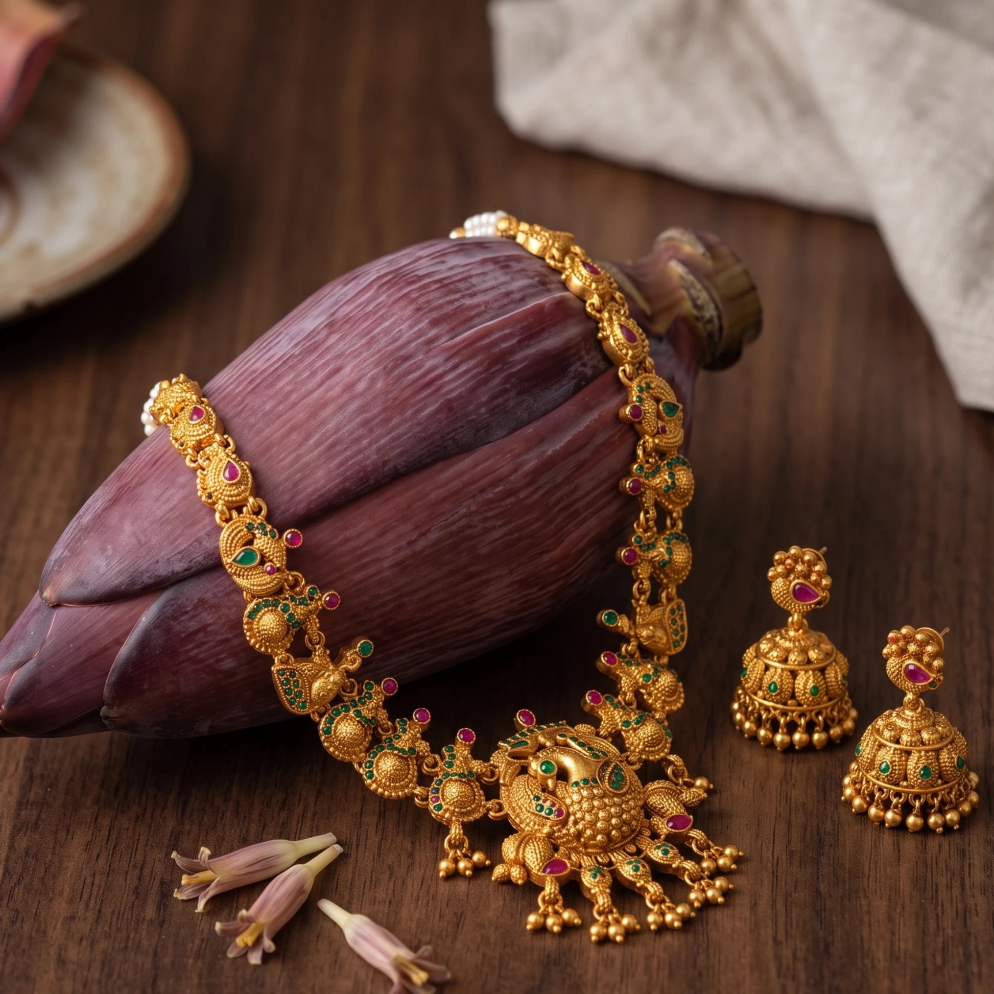 Antique Gold-toned traditional jewelry set with a necklace and two matching earrings, decorated with green and red enamel details, and a central peacock motif pendant arranged on a dark wooden surface beside a purple flower bud.