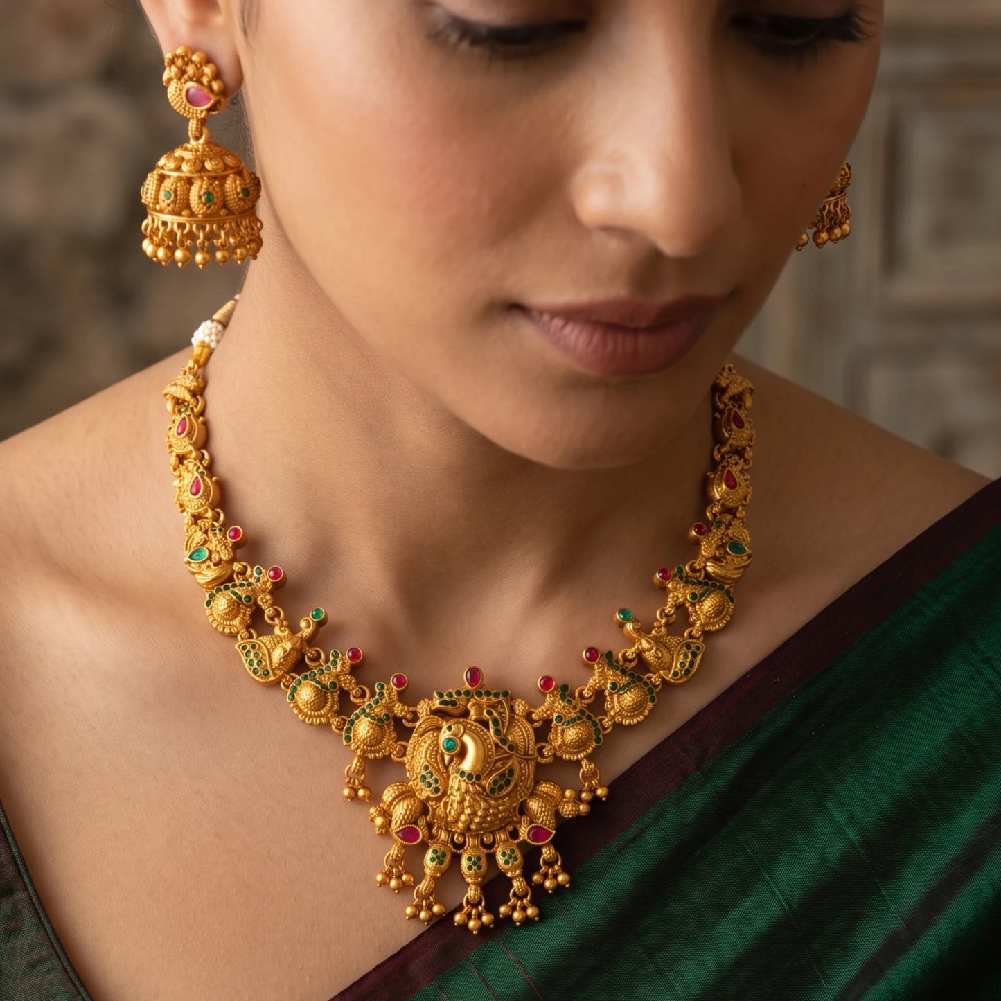 A close-up of a woman wearing an ornate antique gold-toned traditional necklace with matching dangling earrings. The jewelry is decorated with small red and green stone accents and has peacock/mayil as the central pendant.