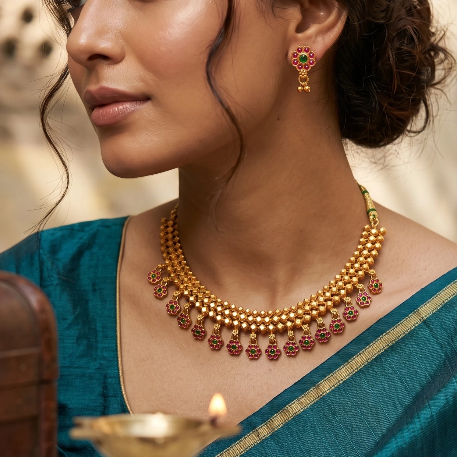 A close-up lifestyle shot of a woman wearing a gold-toned multi-strand beaded necklace with red and green stone accents, paired with a matching gold toned earring and a teal green saree.