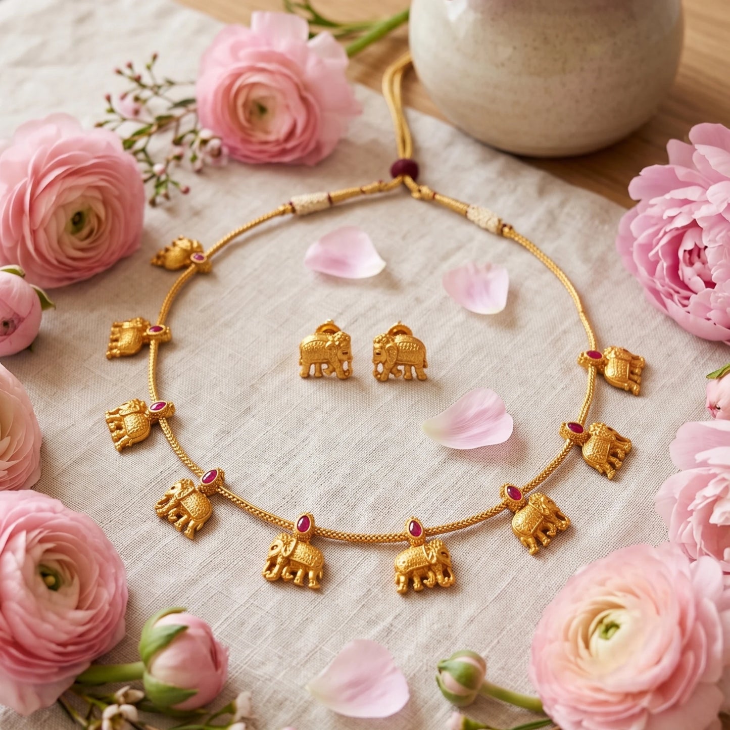 Gold toned elephant jewelry set with a necklace and matching earrings, decorated with small pink gemstone accents, arranged on a beige fabric with pink flowers.