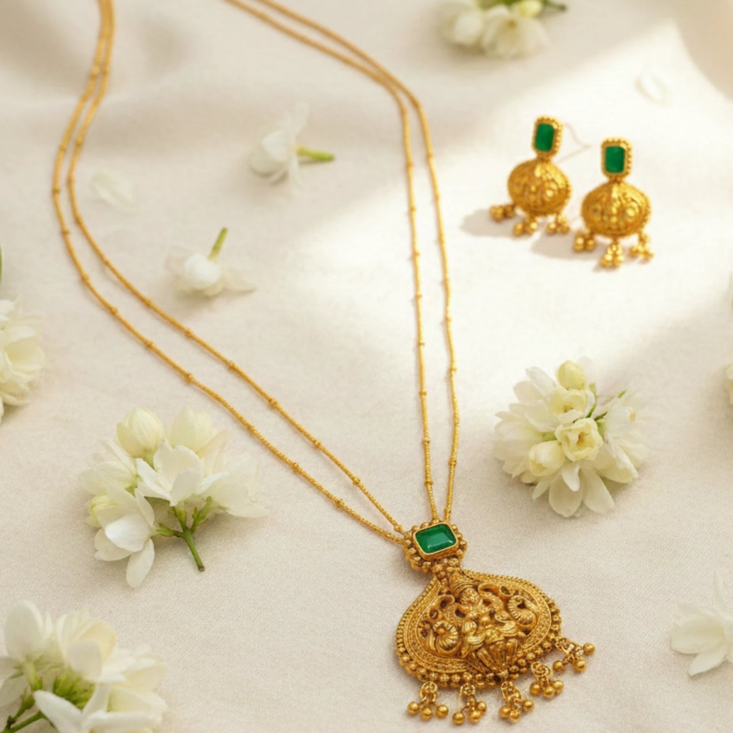 Antique Gold Finish necklace with green gemstones and matching earrings on a white floral background