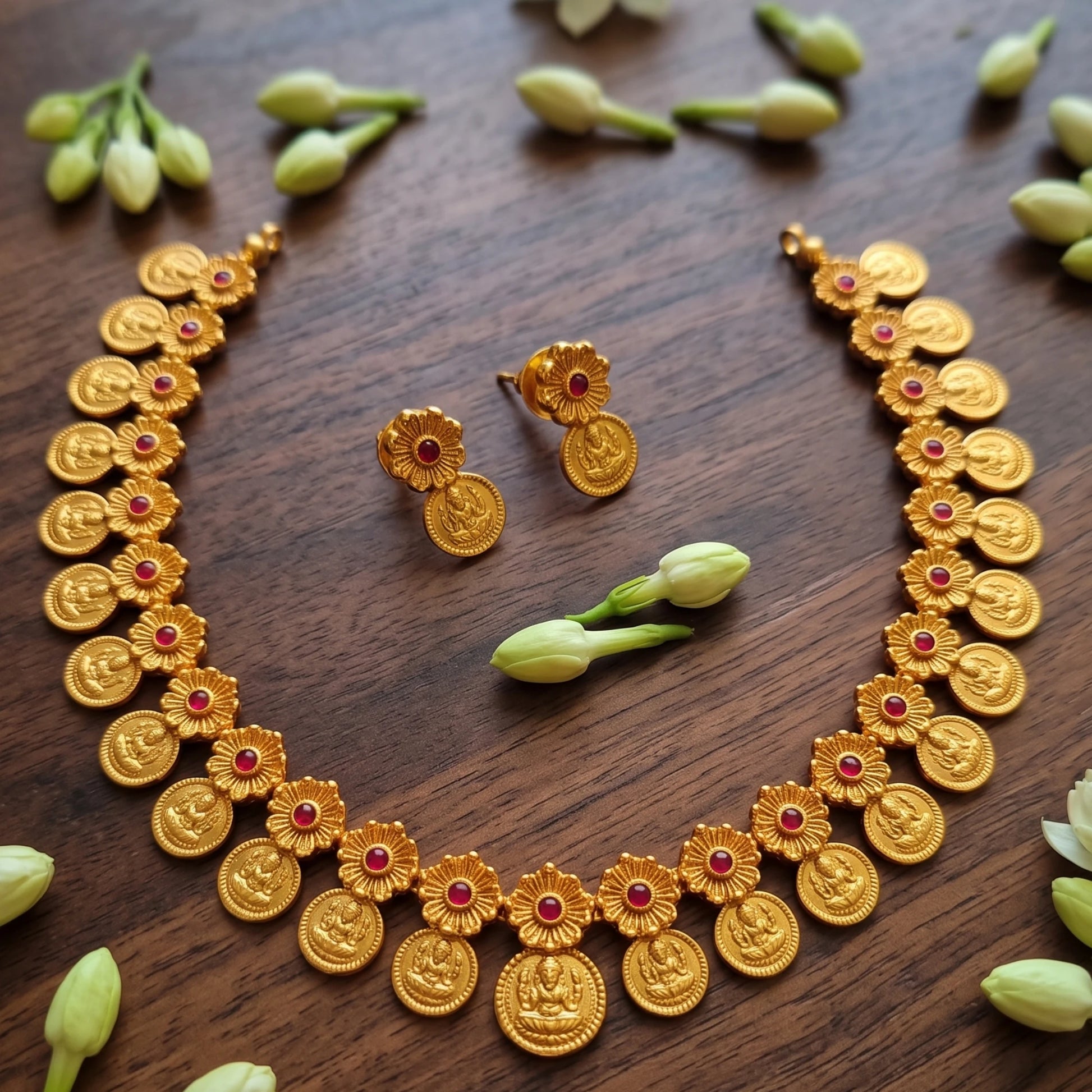 Antique Gold finish coin pendant necklace and matching stud earrings arranged on a dark wooden surface, decorated with small green flower buds. The jewelry features circular gold toned medallion pendants with red stone accents.