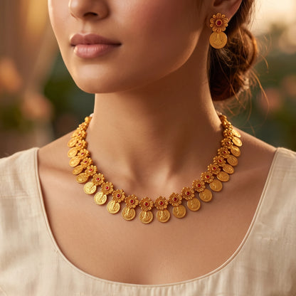 A close-up lifestyle shot of a woman wearing a  antique gold finish coin necklace and matching earring. The necklace features circular coins with floral details and red stone accents, worn over a cream-colored top against a warm, blurred background.