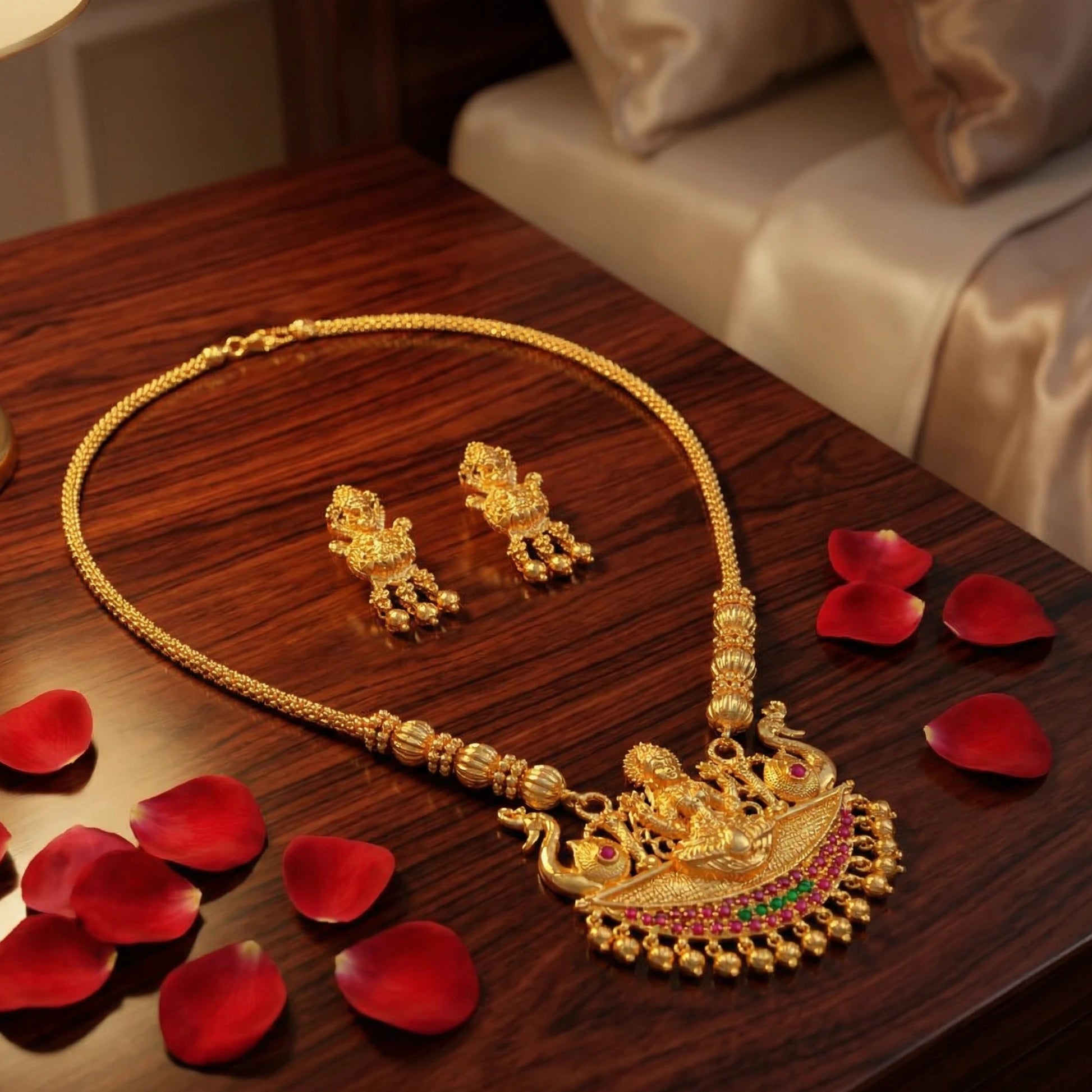 Antique Gold Finish necklace and earrings set on a wooden surface with red rose petals