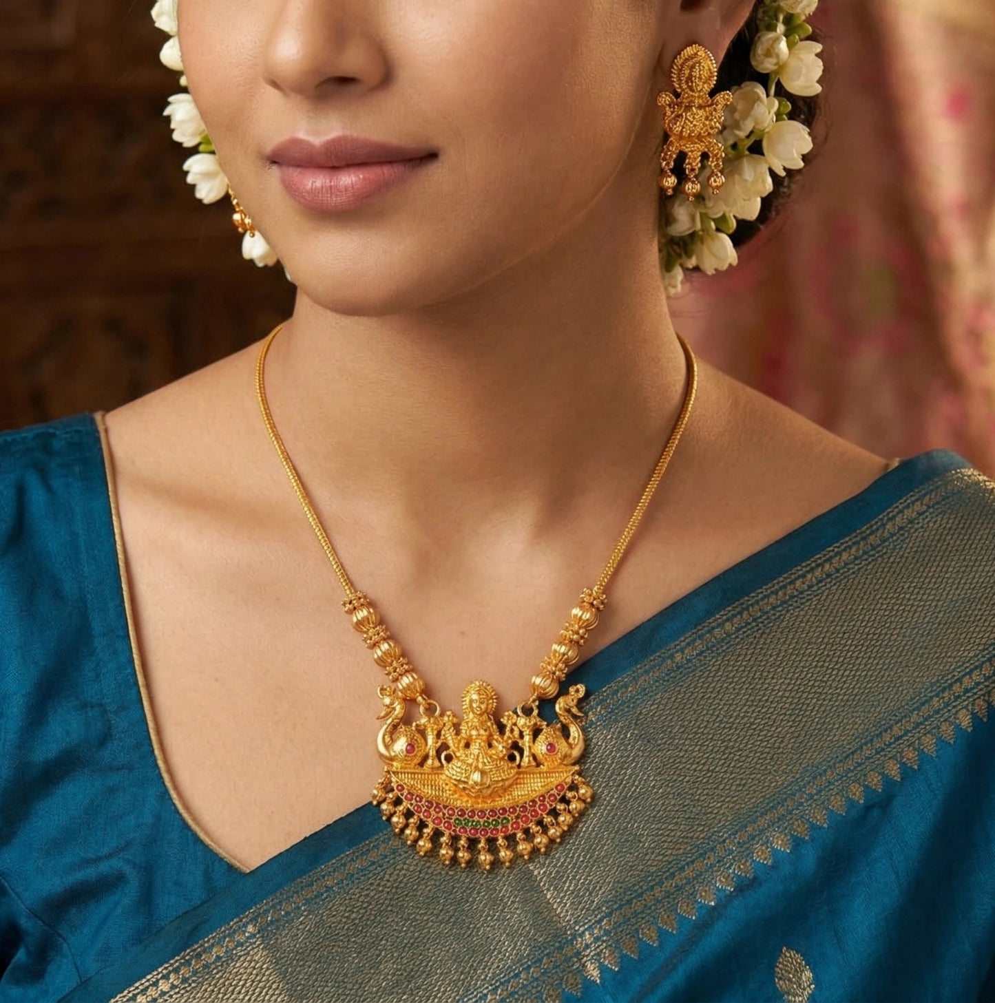 Woman wearing a antique gold finish necklace and earrings with a blue saree