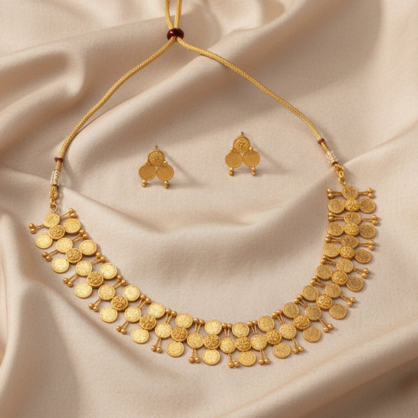 Antique Gold Finish coin necklace with earrings on a beige background