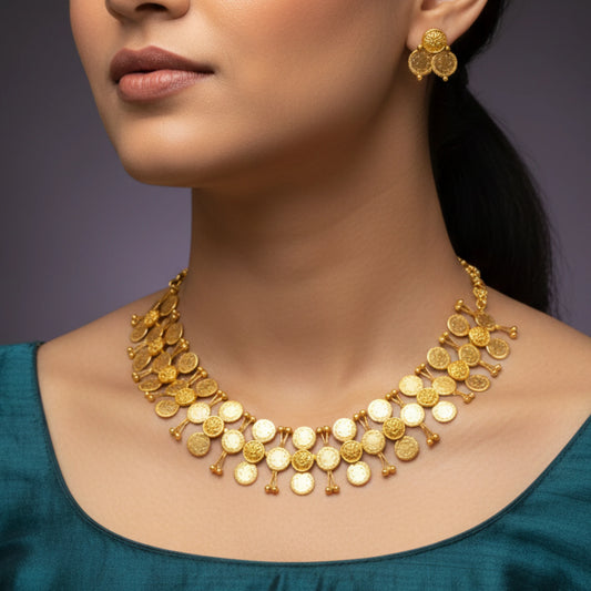 Model wearing the antique gold finish coin necklace with earrings
