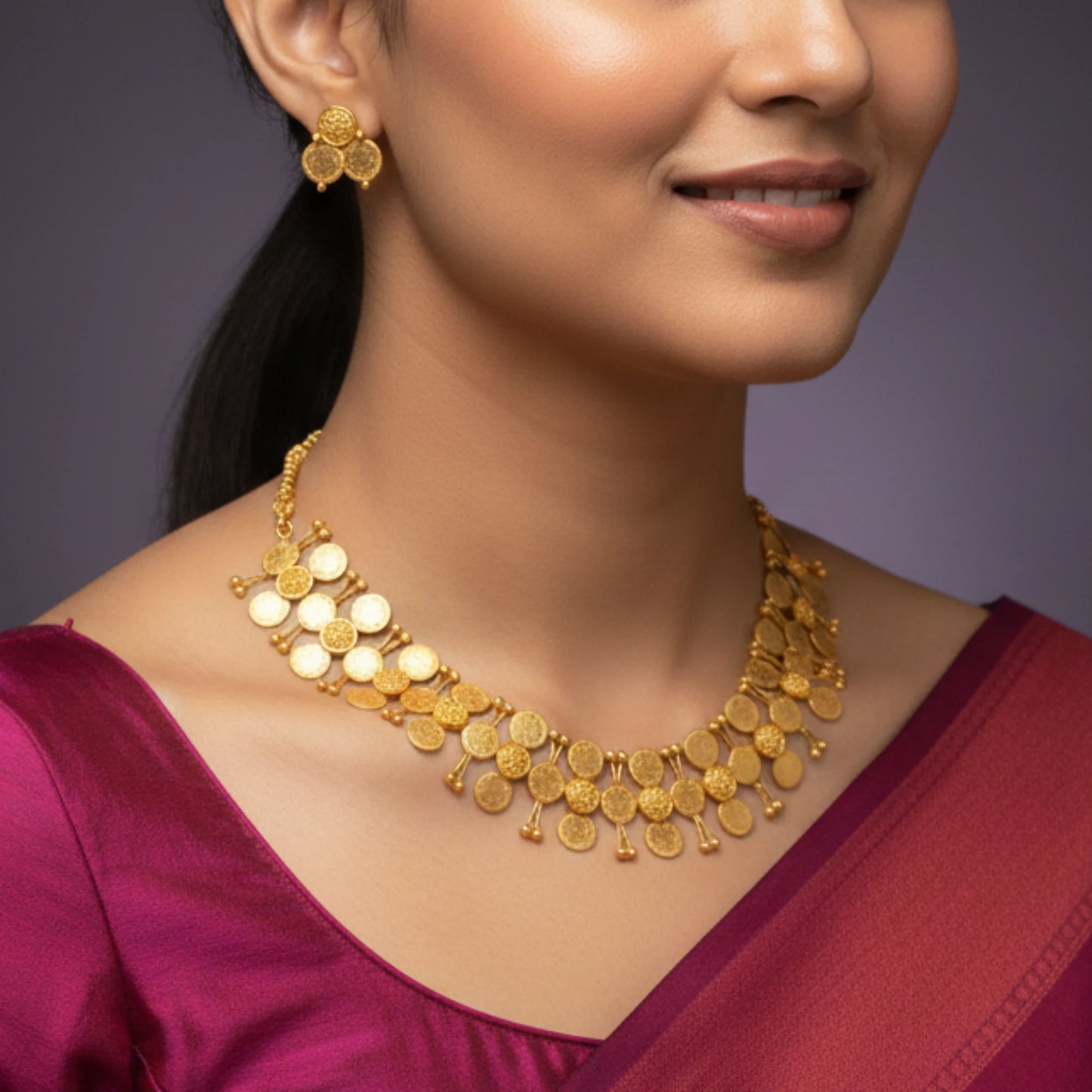 Model wearing the coin necklace with matching earring in antique gold finish