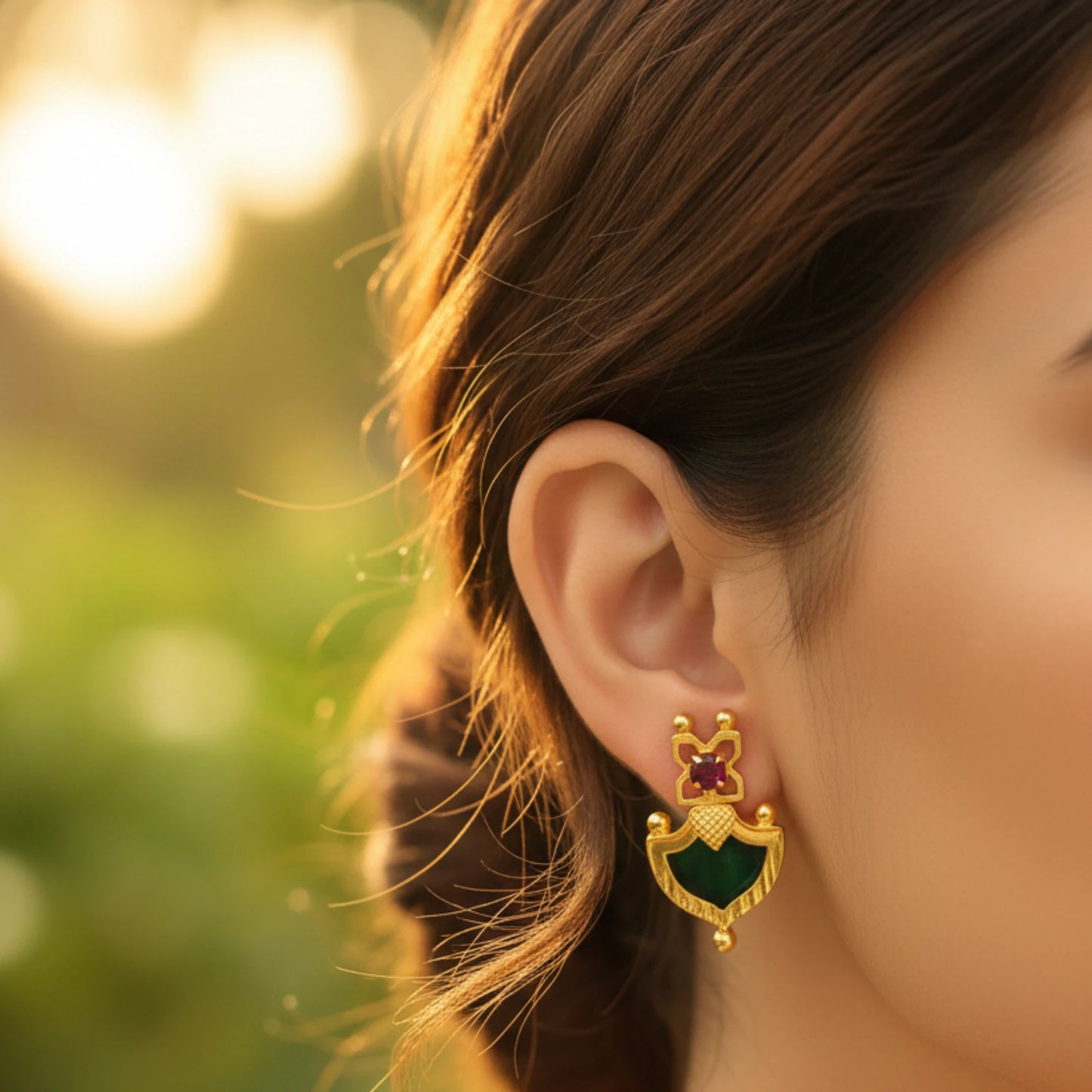Close-up of a person wearing a gold plated earring with green palakka and ruby red stones against a blurred natural background.