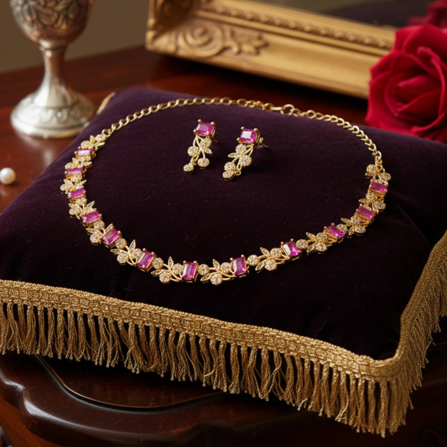 Gold plated necklace with pink gemstones and matching earrings on a purple cushion with gold fringe.