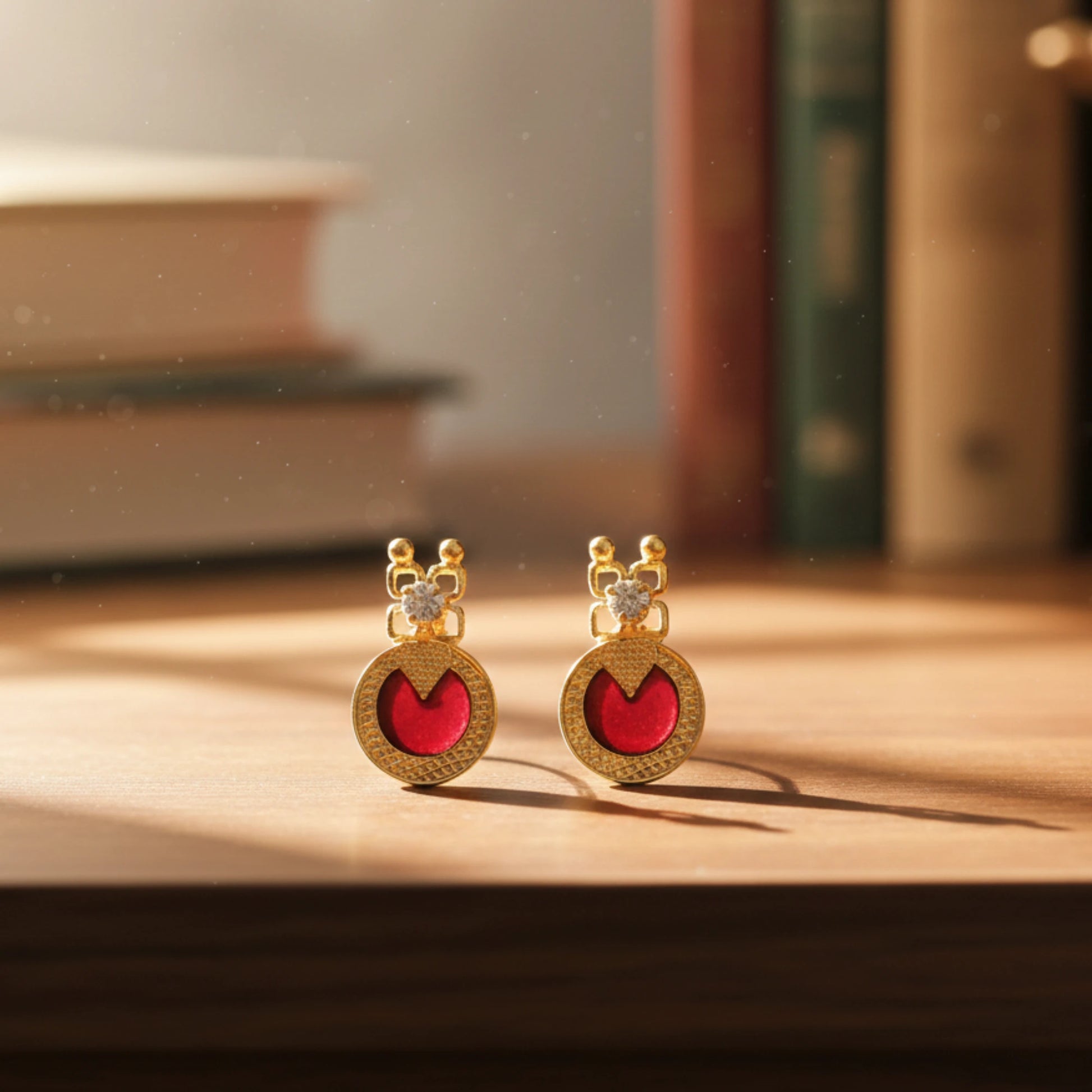 Gold plated earrings with red palakka and white stone design on a wooden surface