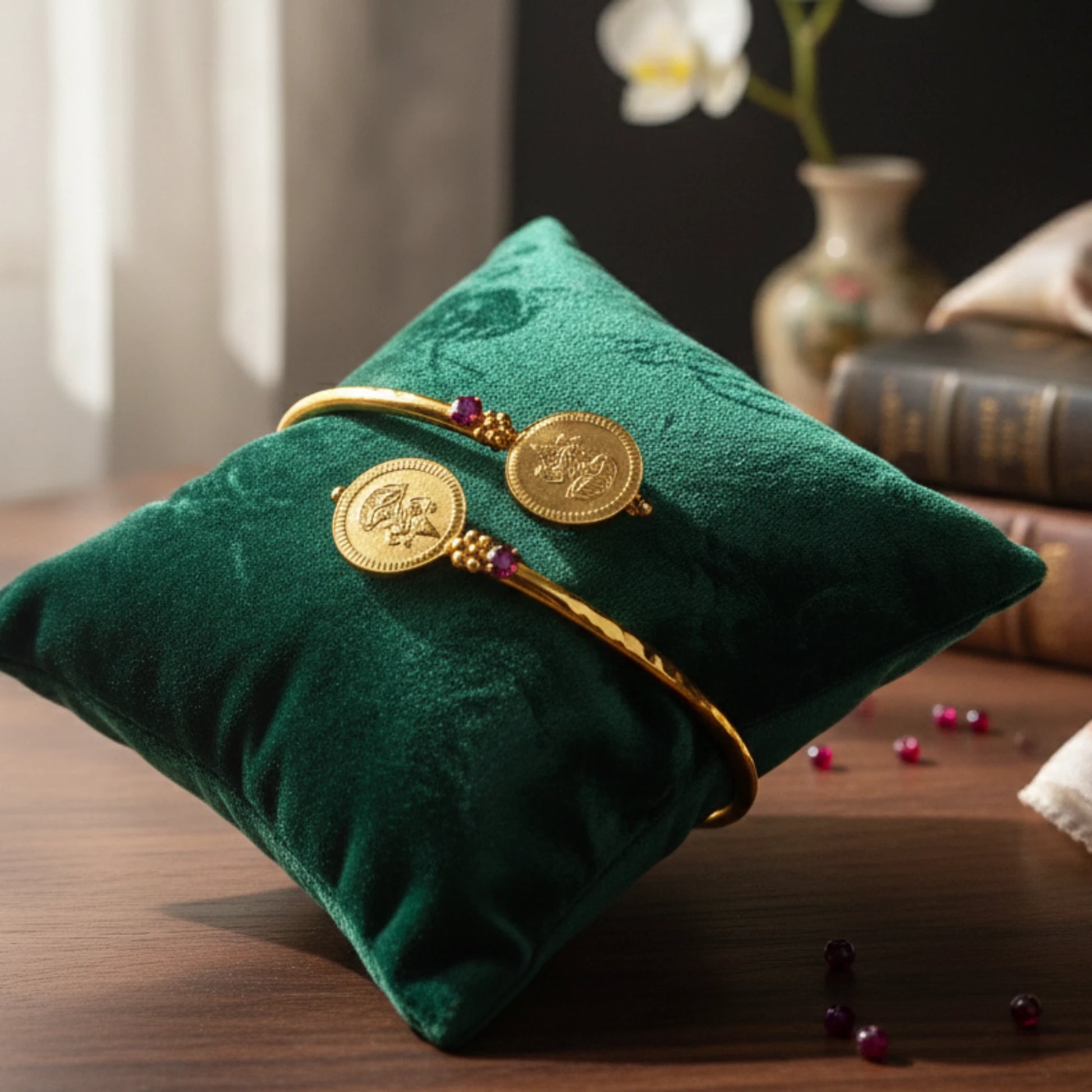 Gold plated bracelet with circular charms on a green velvet pillow
