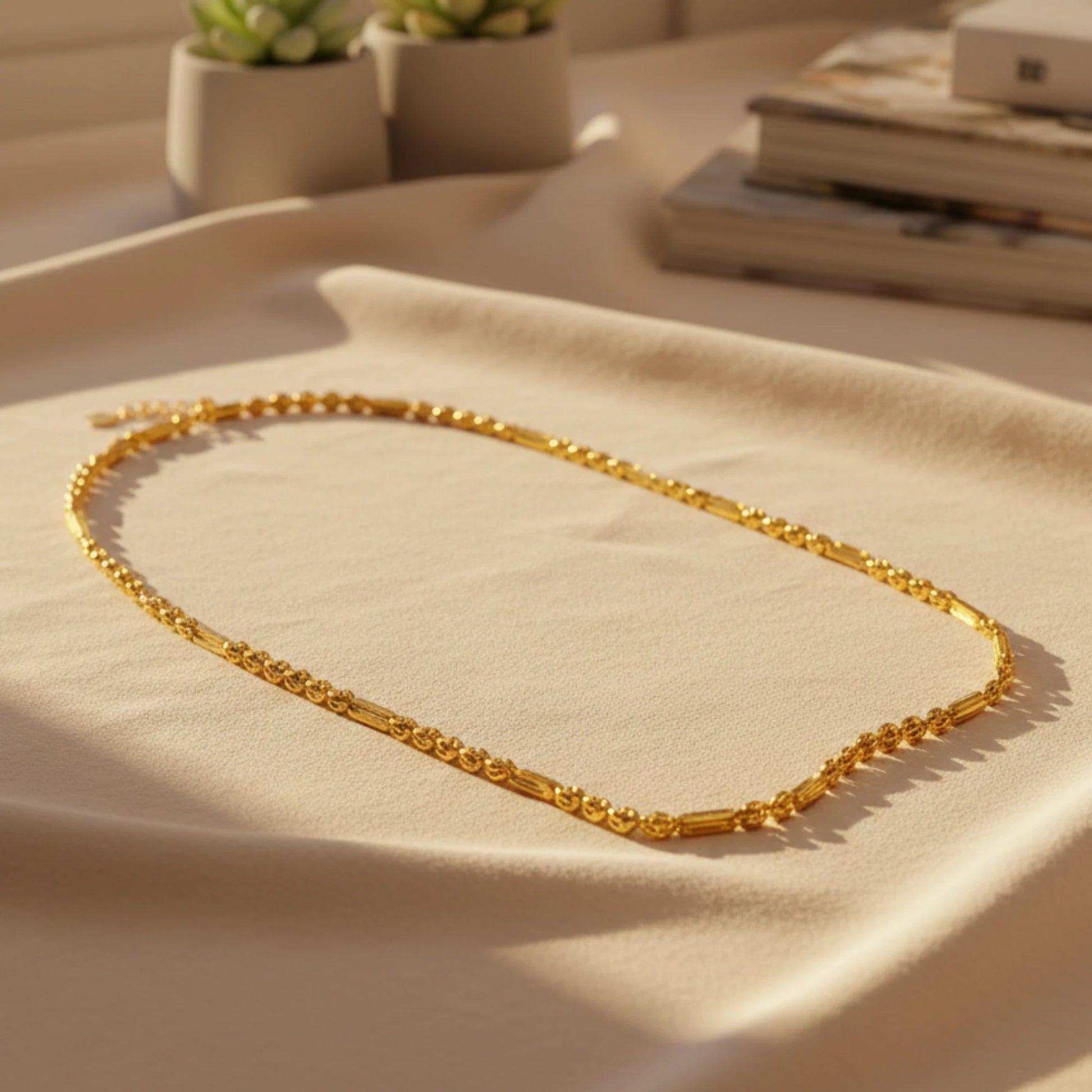Gold plated neckchain with beaded and cylindrical pattern on a beige surface with a soft focus background