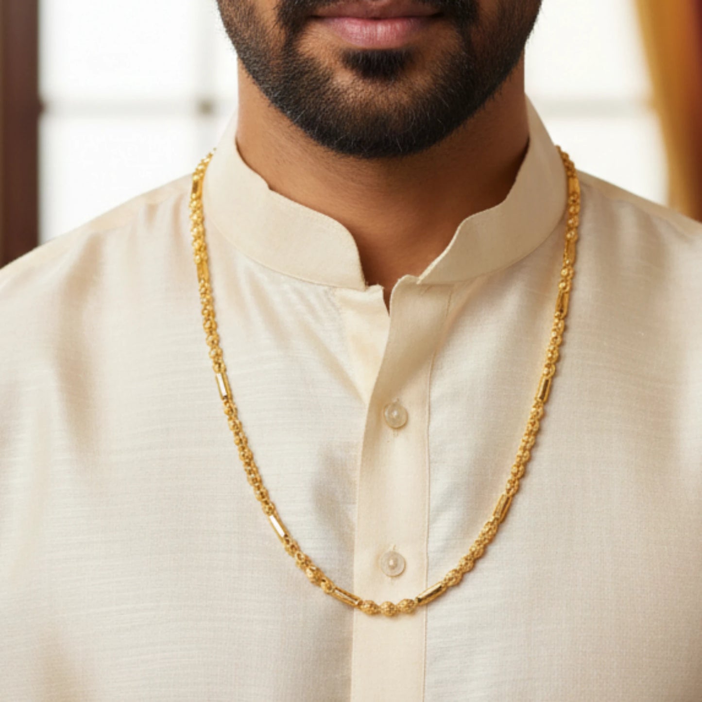 Man wearing a gold plated neck chain with beads and cylindrical pattern with a blurred background