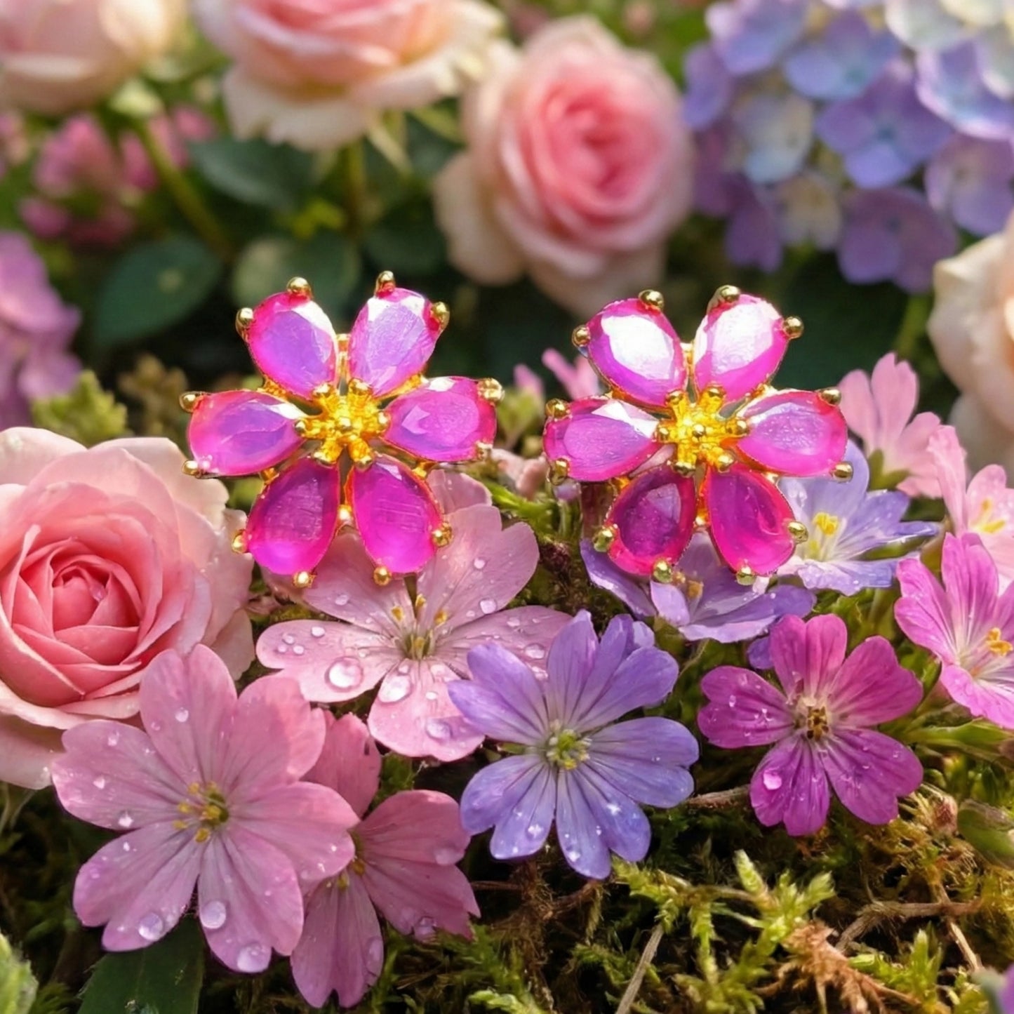Pink flower-shaped earrings with gold plated centers on a background of pink and purple flowers.