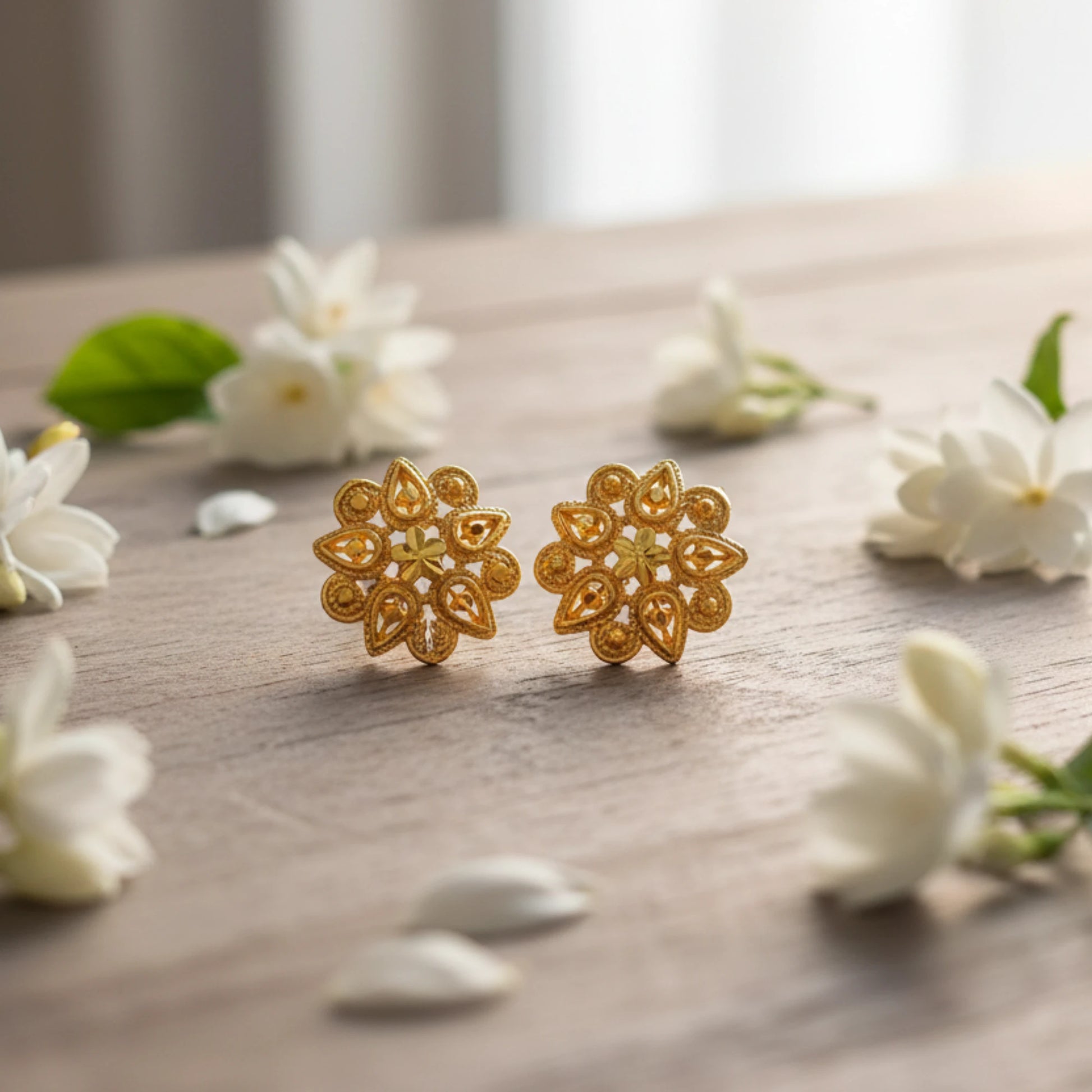 Gold plated Indian Classic floral earrings on a wooden surface with white flowers