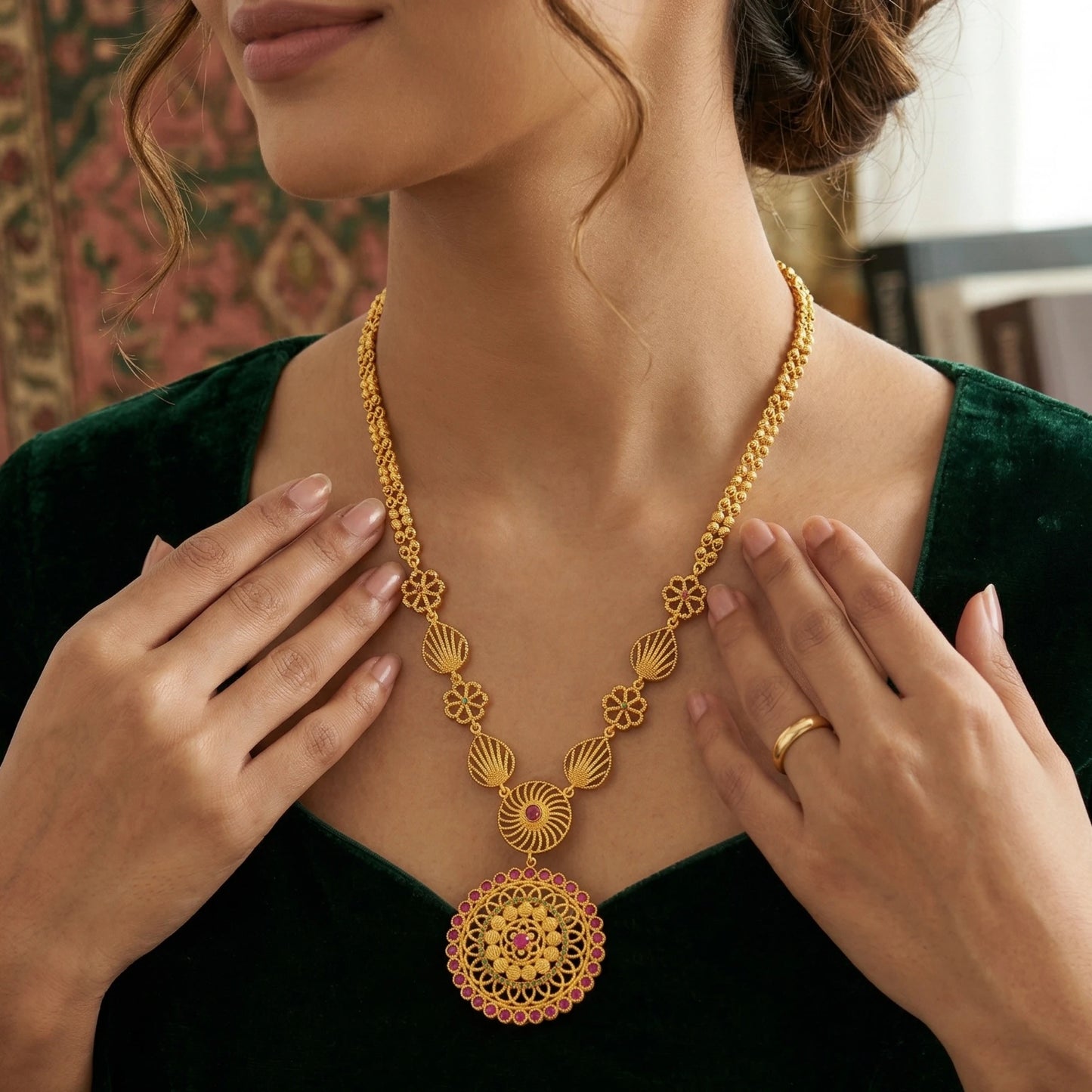 Woman wearing a gold plated long ethnic necklace with intricate designs and a floral mandala pendant
