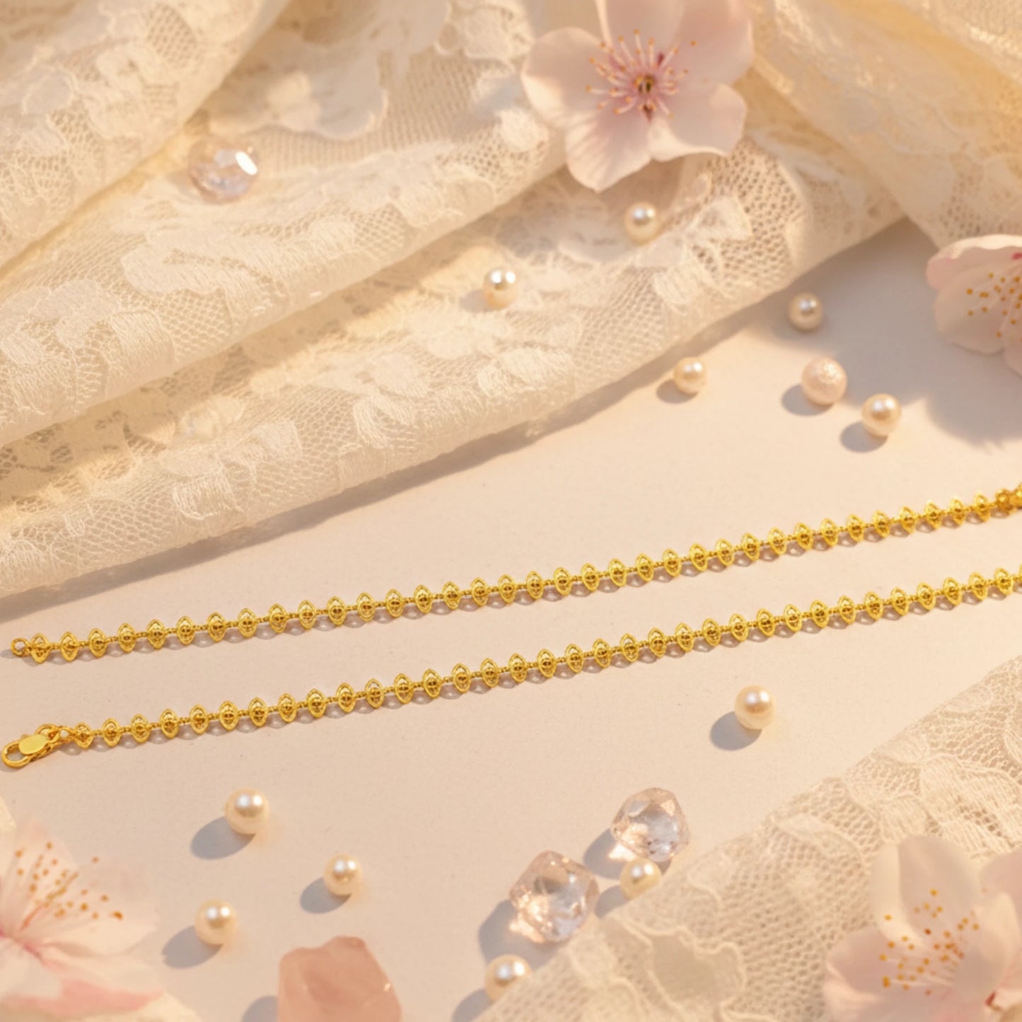 Gold plated delicate lace design anklets on a lace fabric background with pearls and flowers