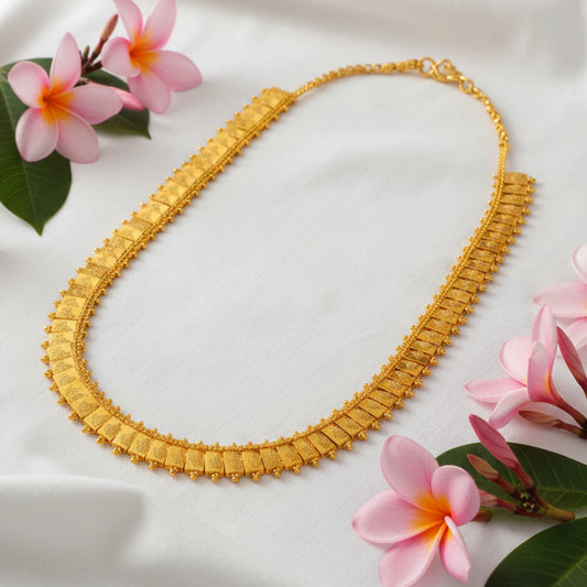 Gold plated square lakshni coin haram necklace with pink flowers on a white background