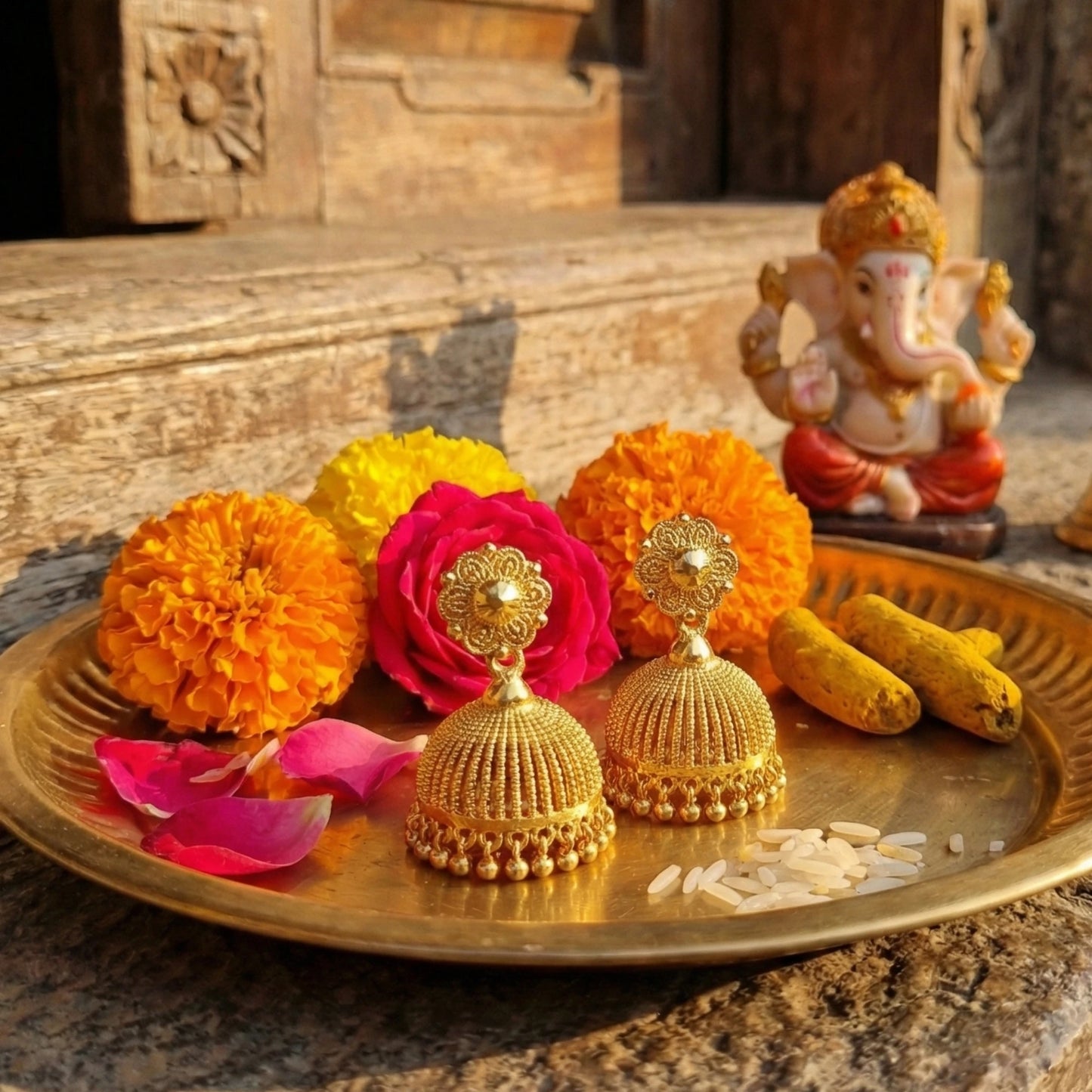Decorative tray with gold plated Jimikki/Jhumkas earrings, flowers, and a small statue on a stone surface.