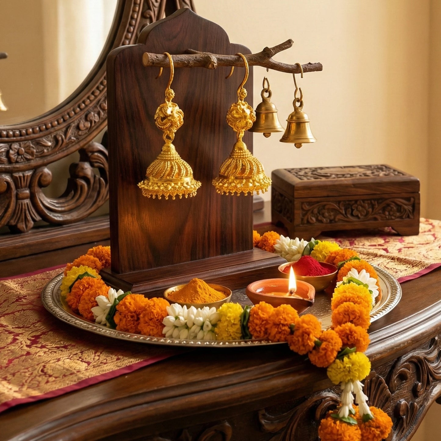 Decorative setup with gold plated Jimikki/Jhumkas earrings, flowers, and candles on a wooden table.