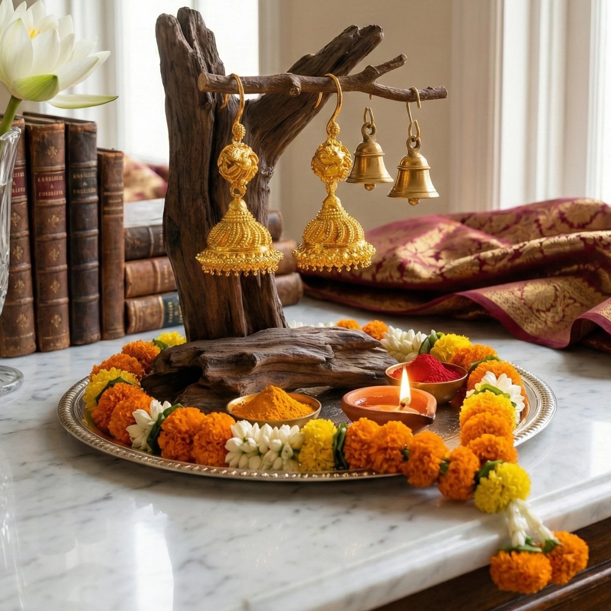 Decorative setup with gold plated jimikki/Jhumkas earrings, candles, and flowers on a marble surface.