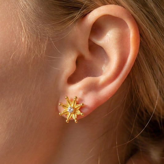 Gold plated star-shaped earring worn on an ear with a blurred background