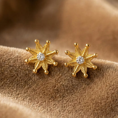 Gold plated star-shaped earrings with a central gemstone on a brown fabric background