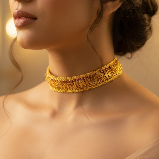 Close-up of a woman wearing a gold plated elakka thali choker necklace against a neutral background