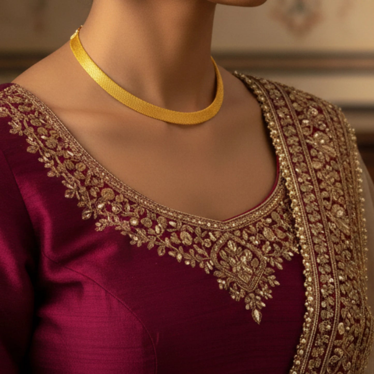 Traditional Kerala Kasavu inspired gold-plated necklace on a woman's neck