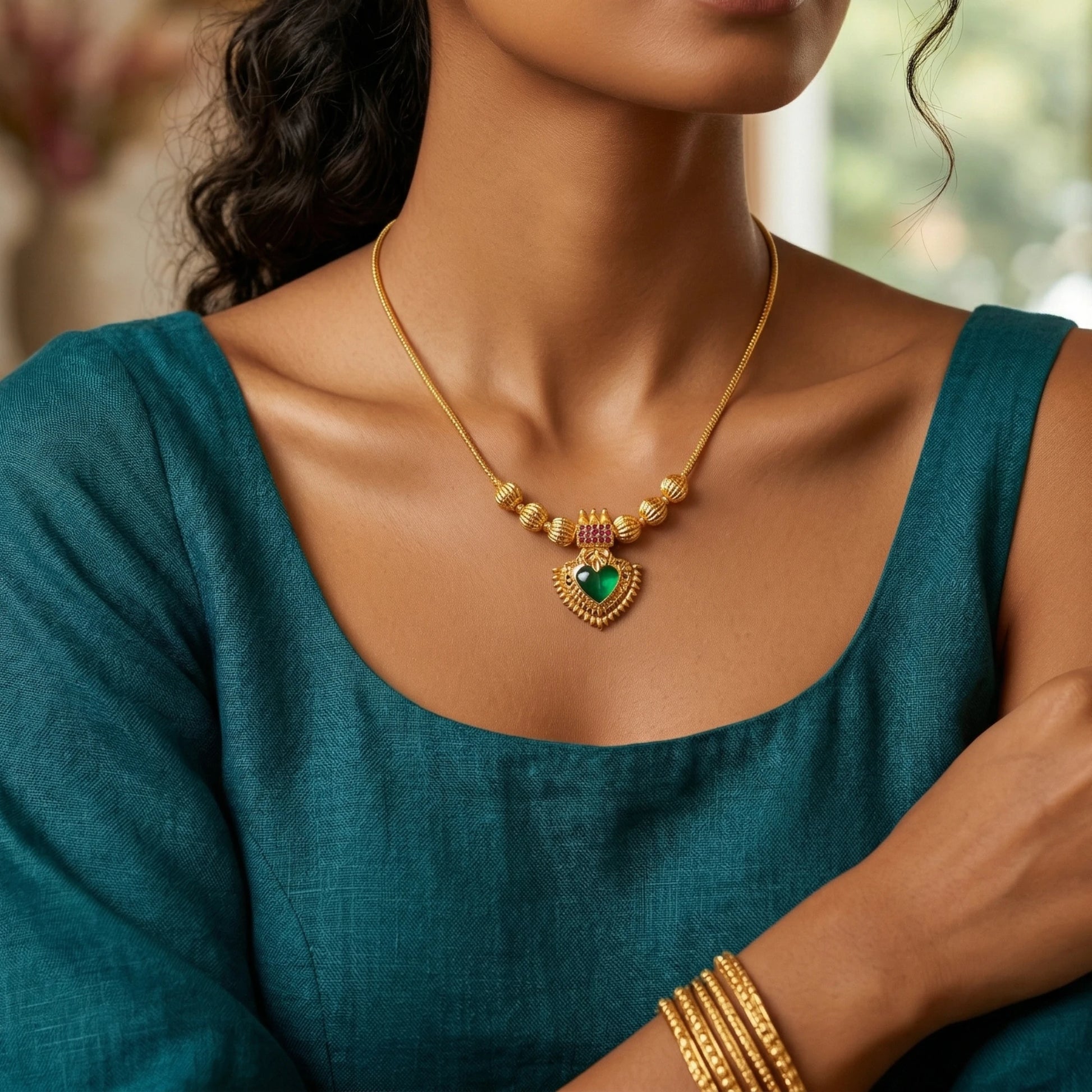 Woman wearing a gold plated palakka necklace and bangles with a blurred background