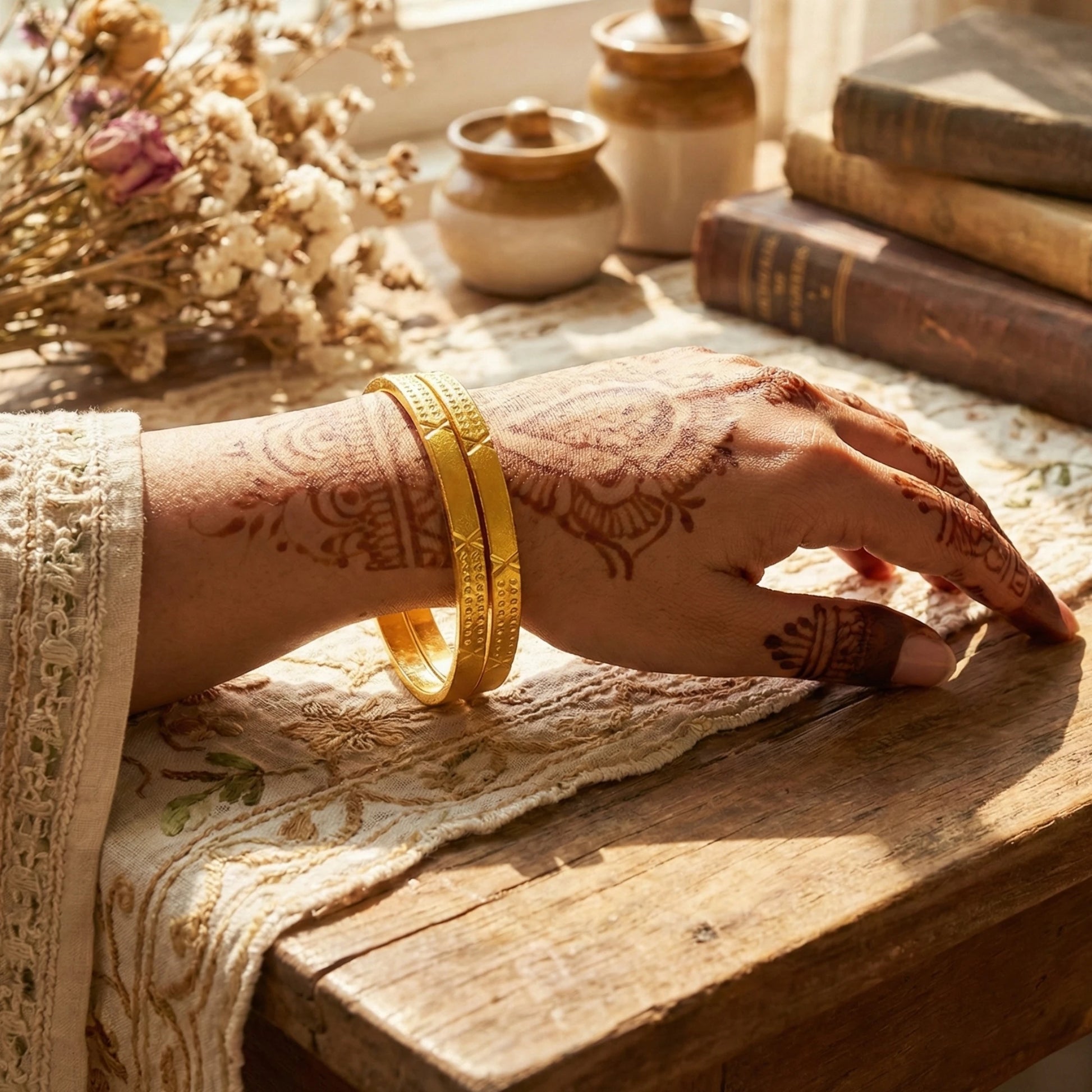 Hand with intricate henna design and gold-plated bangles on a wooden surface with books and dried flowers.