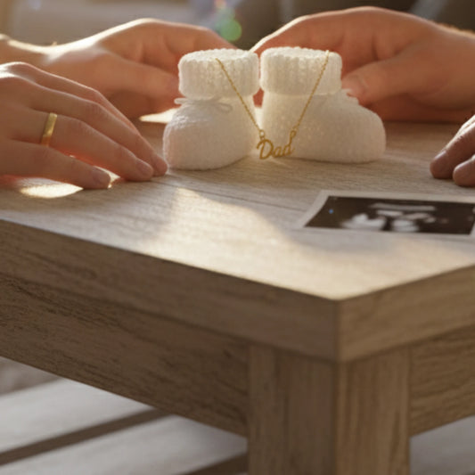 Dad pendant gold plated neck chain kept on a shoe with two hands holding each other