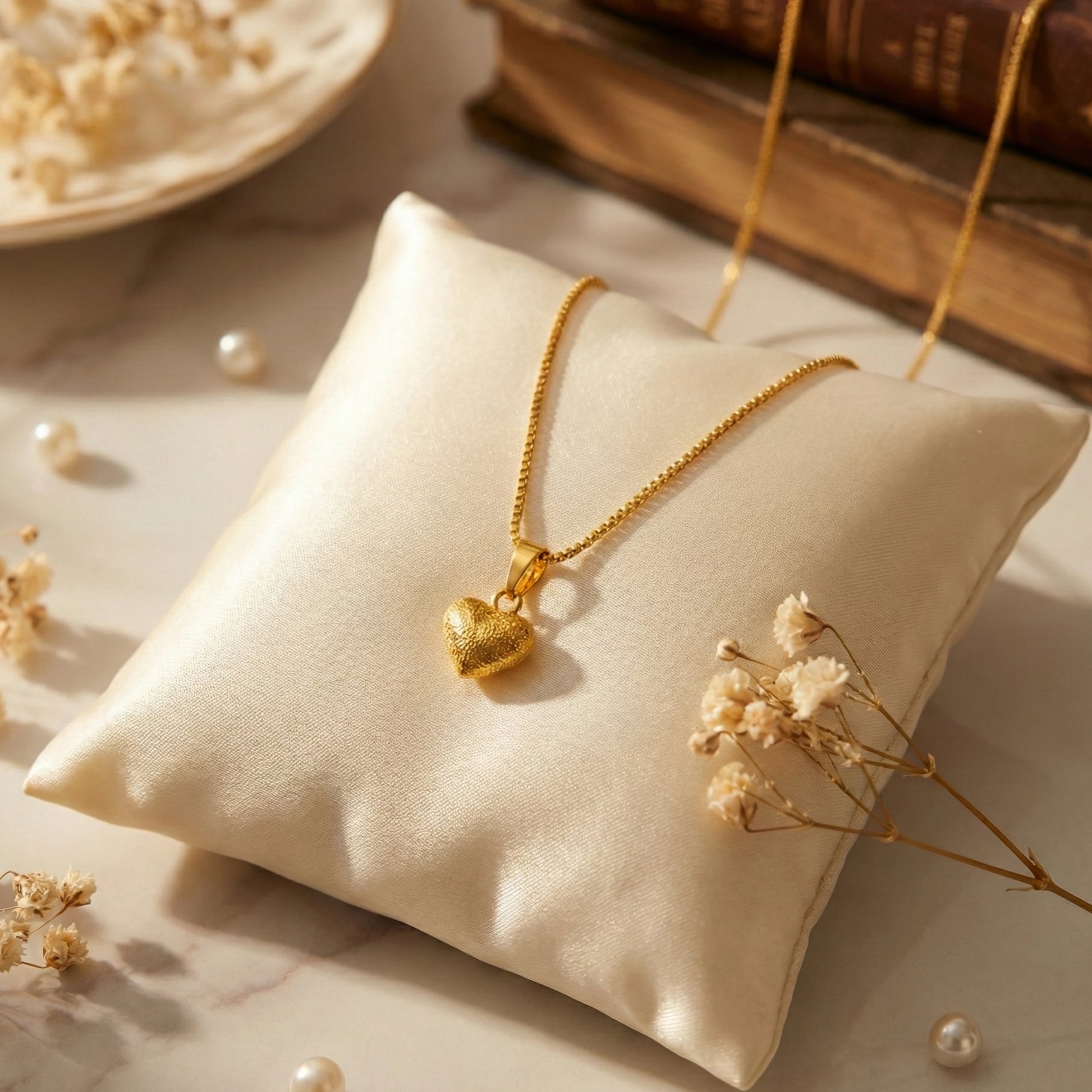 Gold plated heart-shaped pendant neck chain on a beige pillow with dried flowers and pearls around