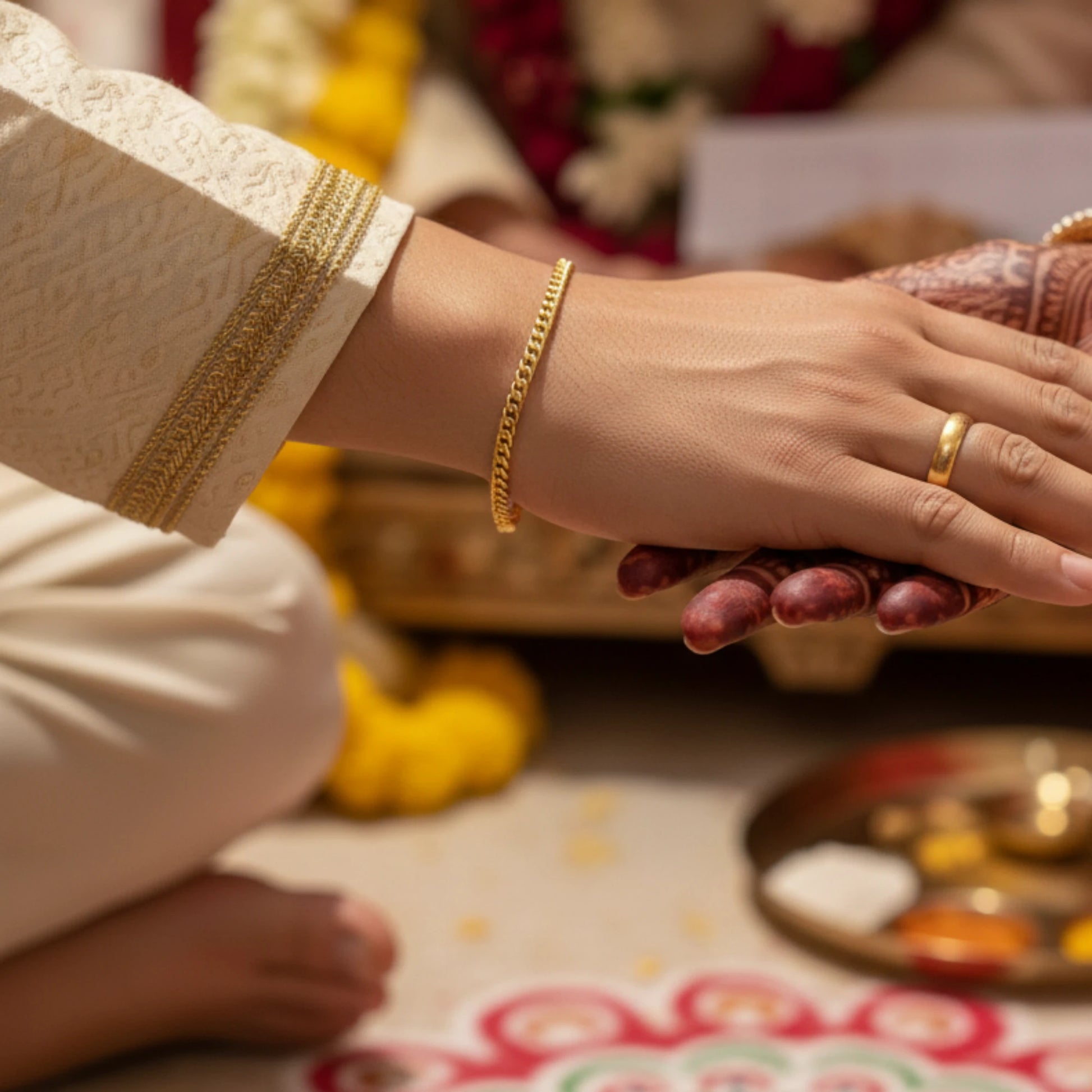 Two hands holding each other with gold plated curb link chain bracelet jewelry against a festive background