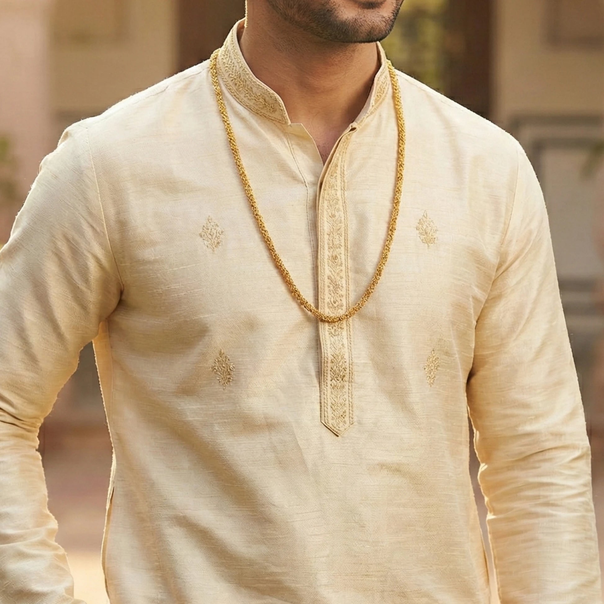 Man wearing a cream kurta with gold embroidery and a gold plated neckchain against a blurred background