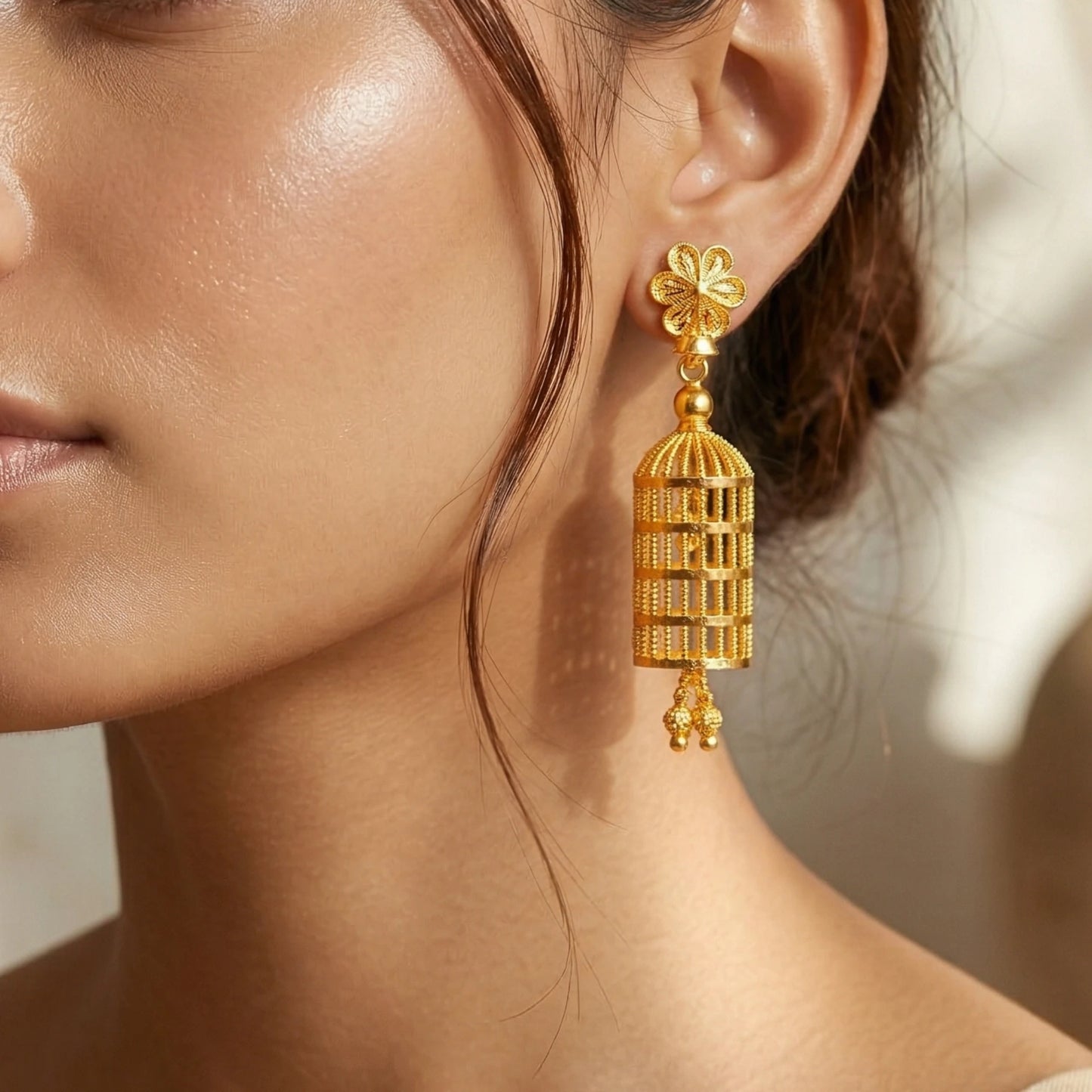 Close-up of a woman wearing gold plated lantern style Jimikki/Jhumka earrings with a blurred background