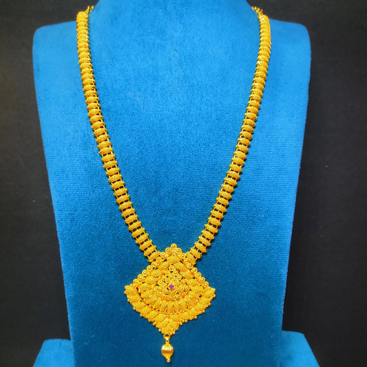 Gold plated Long Haram necklace with a decorative pendant on a blue stand