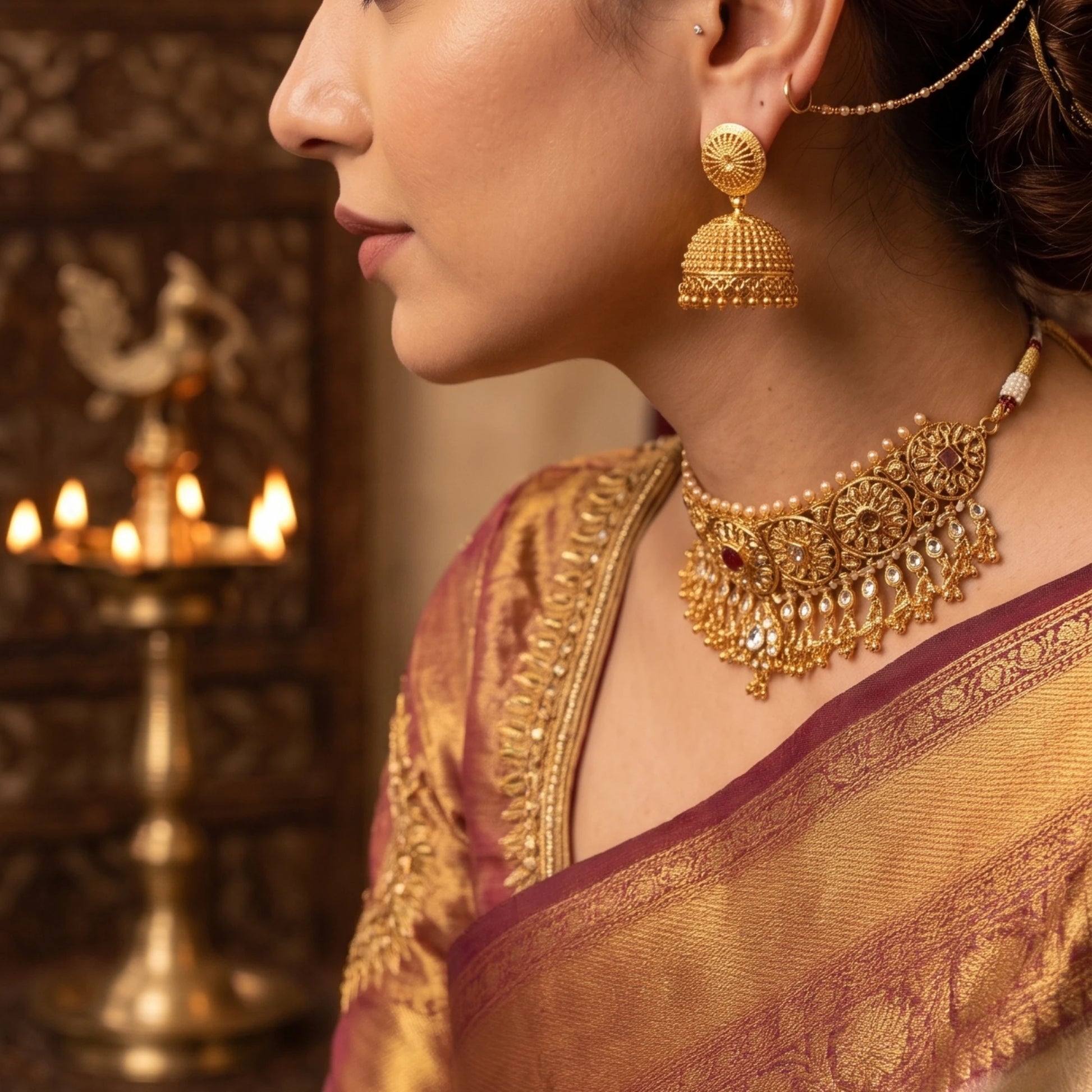 Woman wearing gold plated Traditional Classic Bell Jimikki/Jhumka with a blurred background